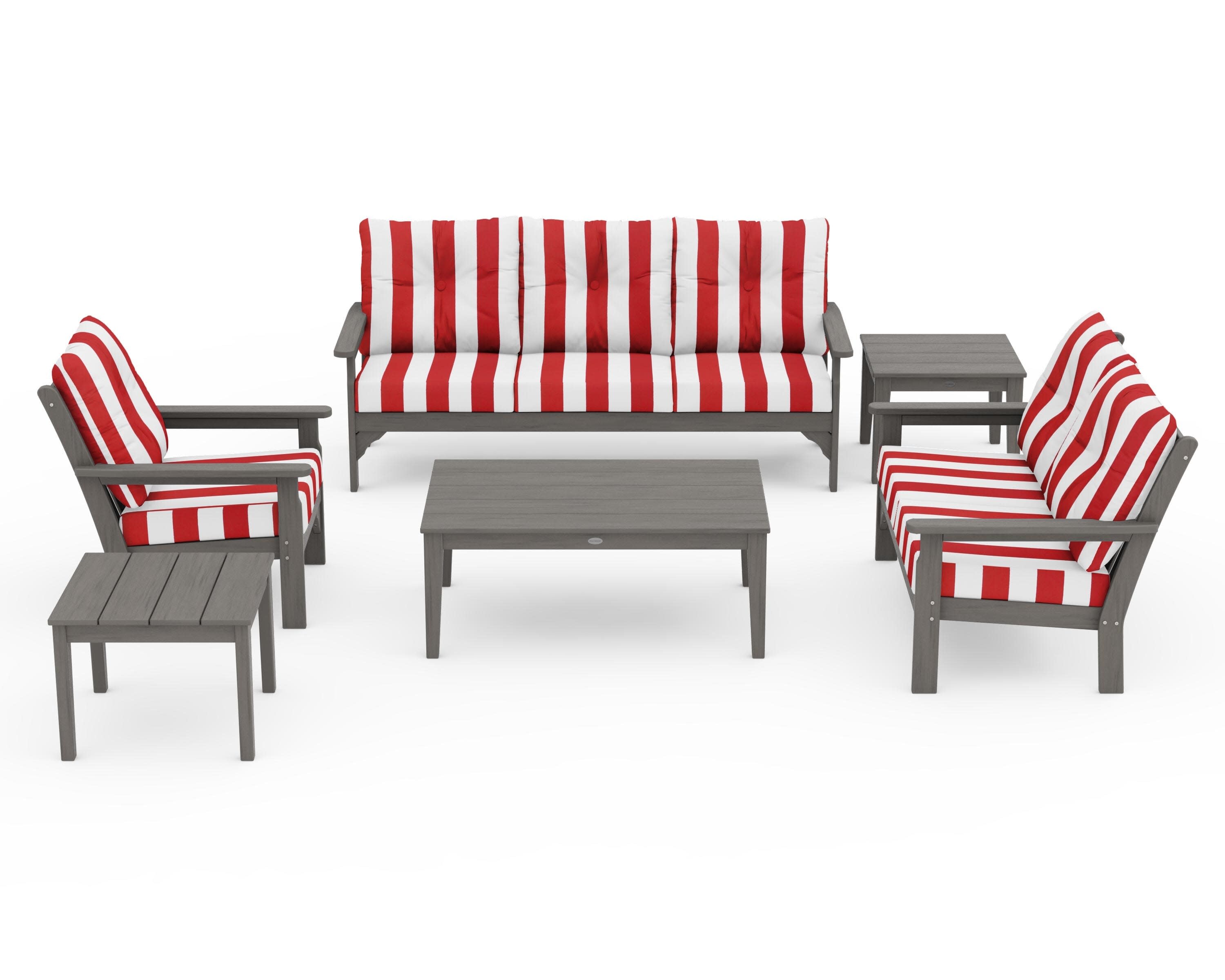 Vineyard 6-Piece Deep Seating Set in Driftwood / Cabana Stripe Crimson