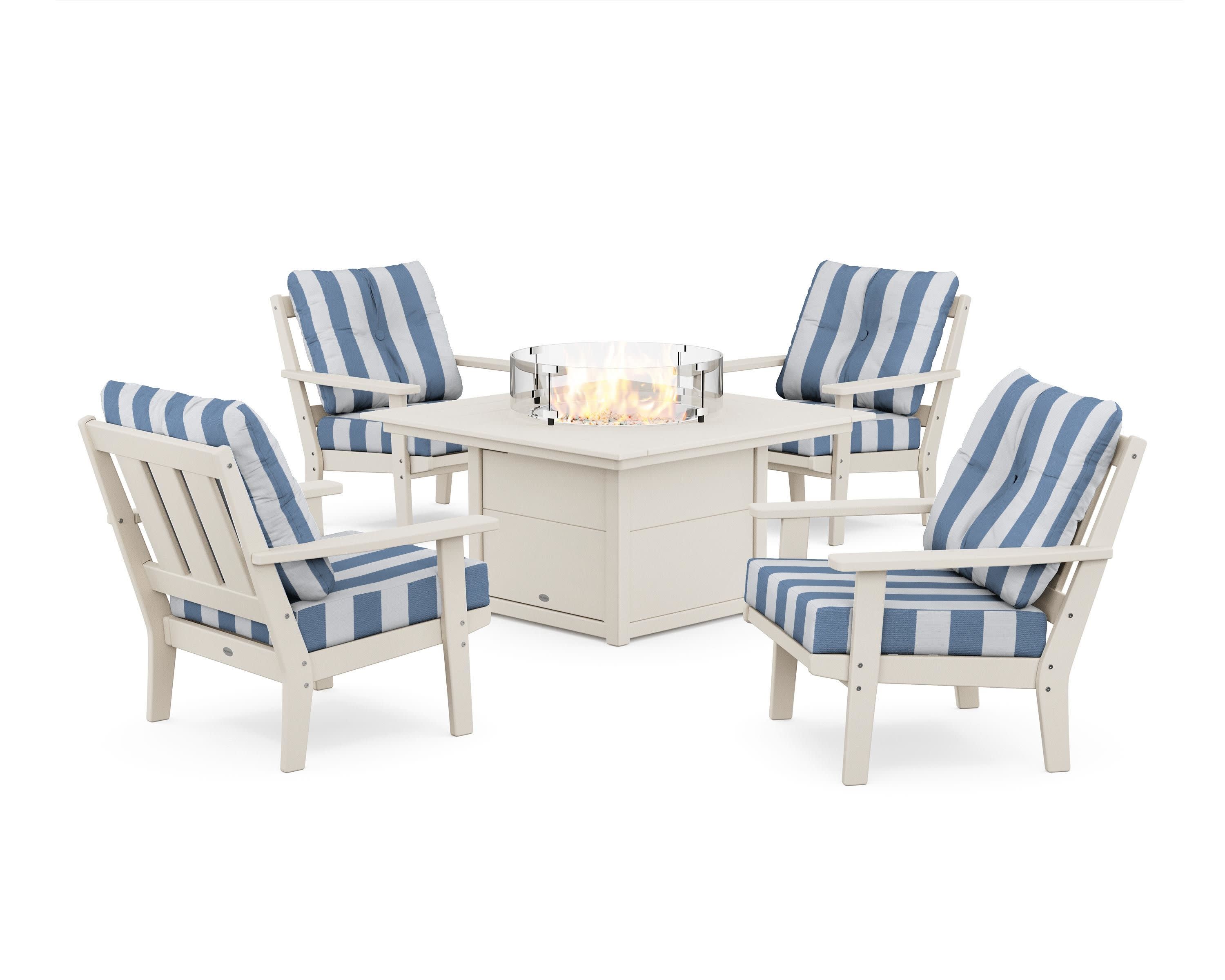 Oxford 5-Piece Deep Seating Set with Fire Pit Table in Sand / Cabana Stripe Sky Blue