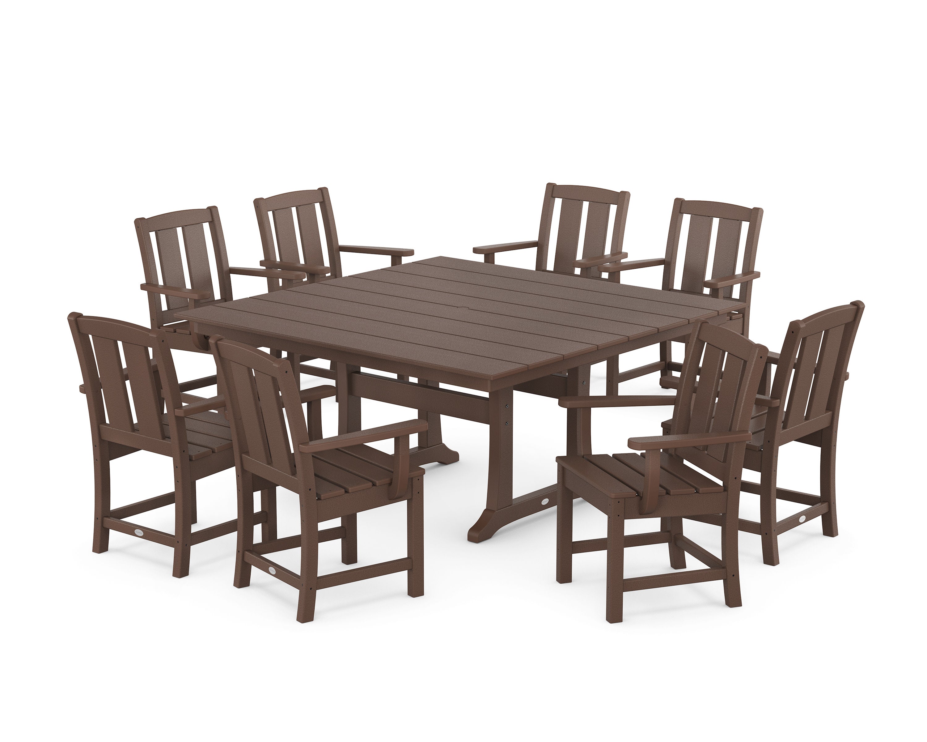 Mission 9-Piece Square Farmhouse Dining Set with Trestle Legs in Mahogany