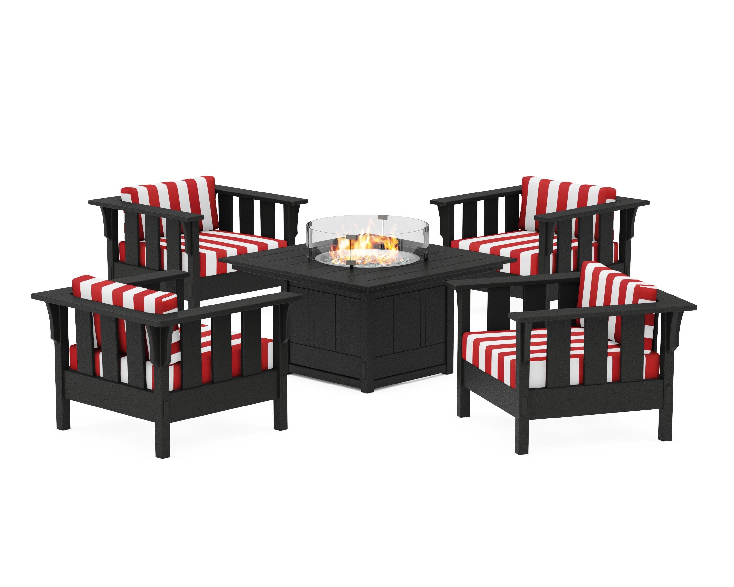 Acadia 5-Piece Deep Seating Set with Fire Pit Table in Black / Cabana Stripe Crimson