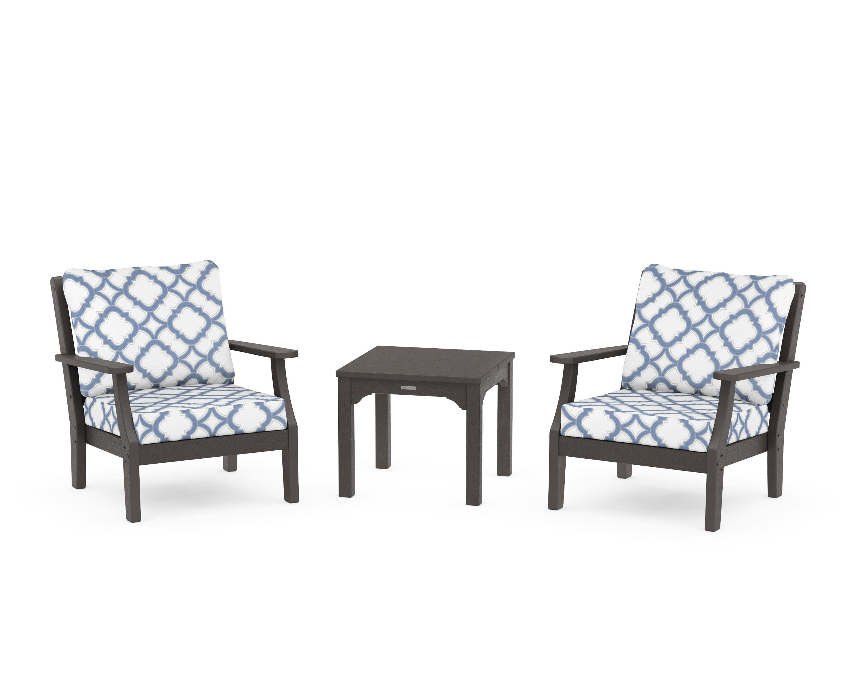 Chinoiserie 3-Piece Deep Seating Set in Vintage Coffee / Trellis Sky Blue