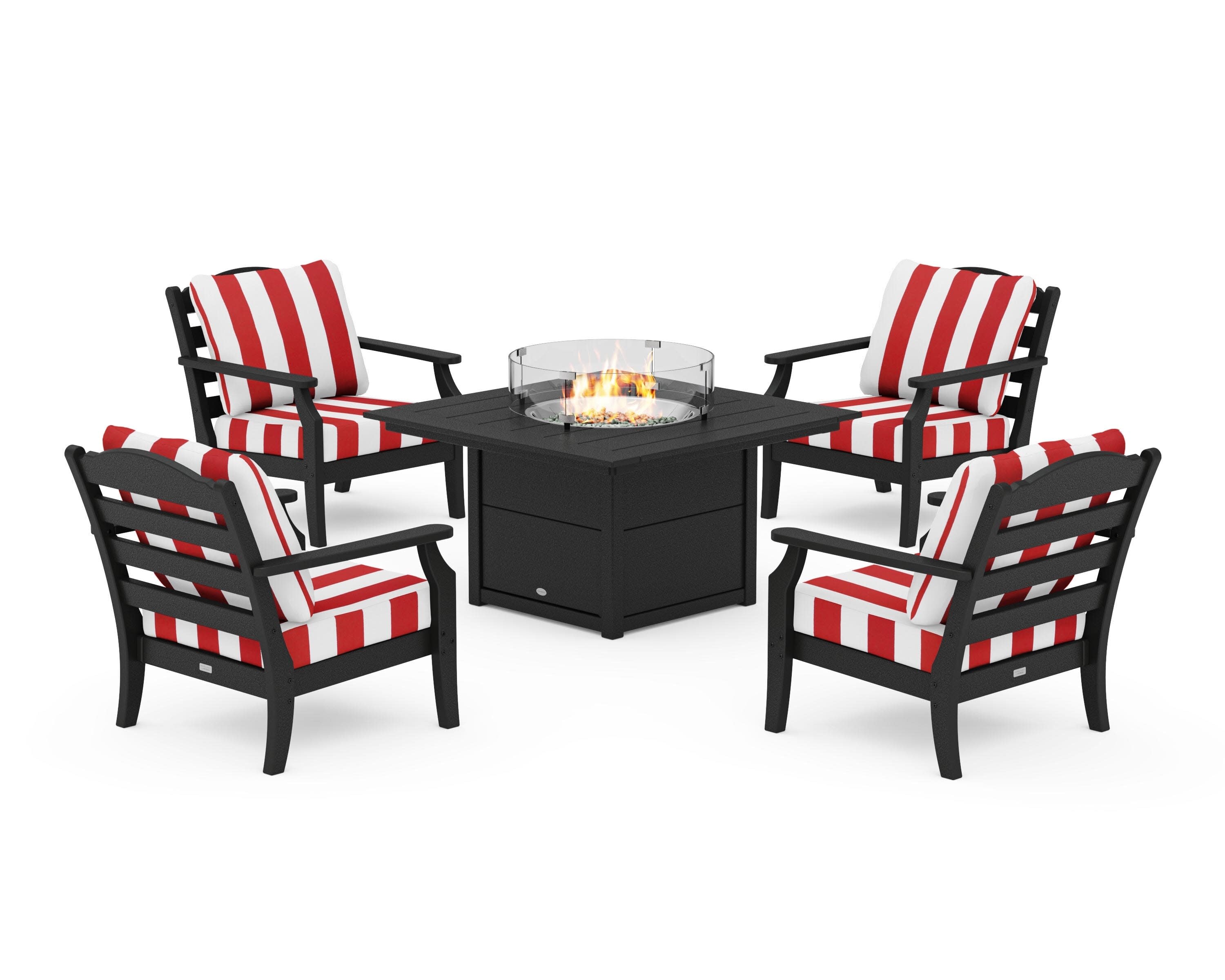Savannah 5-Piece Deep Seating Set with Fire Pit Table in Black / Cabana Stripe Crimson