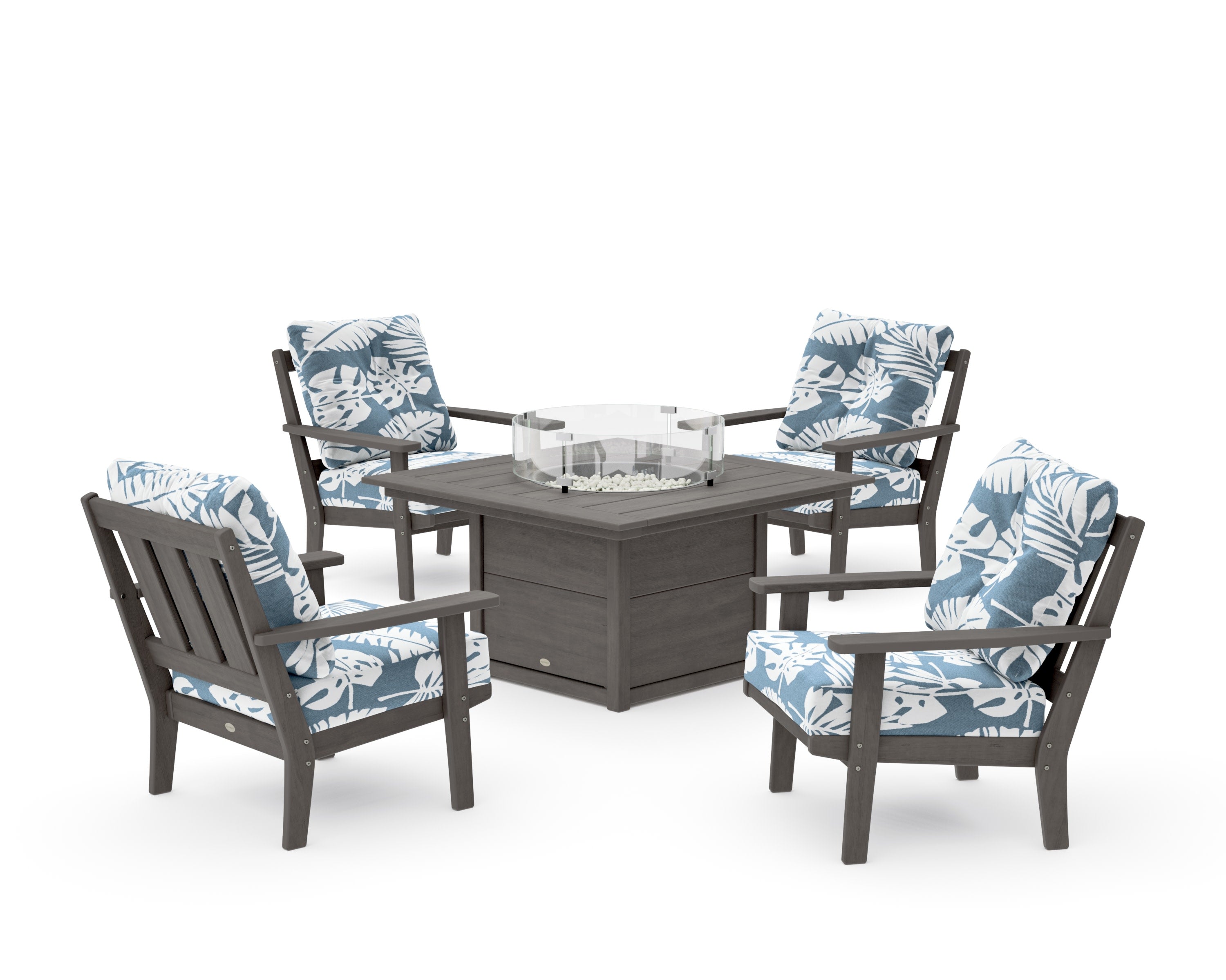 Oxford 5-Piece Deep Seating Set with Fire Pit Table in Driftwood / Leaf Sky Blue