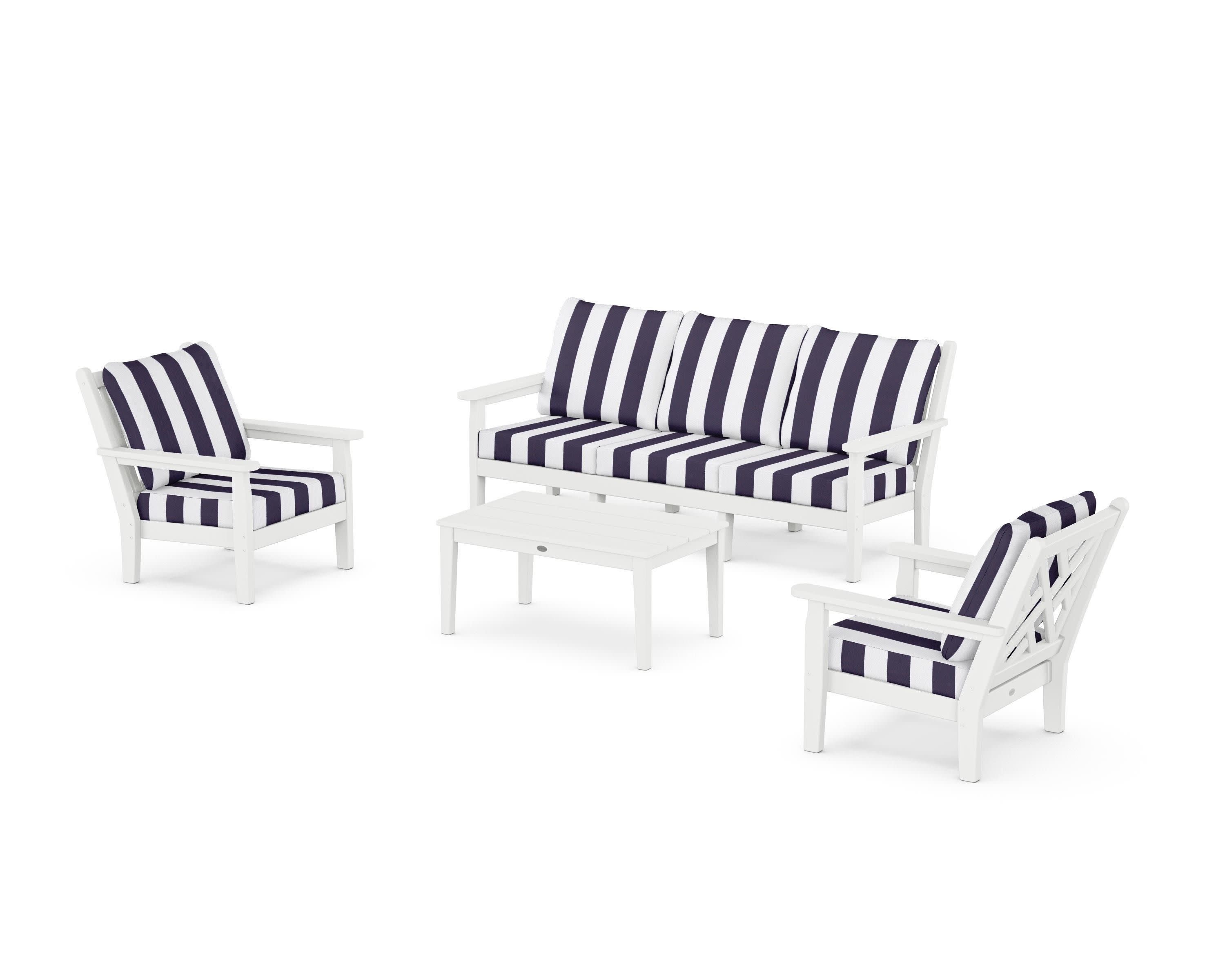 Chippendale 4-Piece Deep Seating Set with Sofa in White / Cabana Stripe Navy