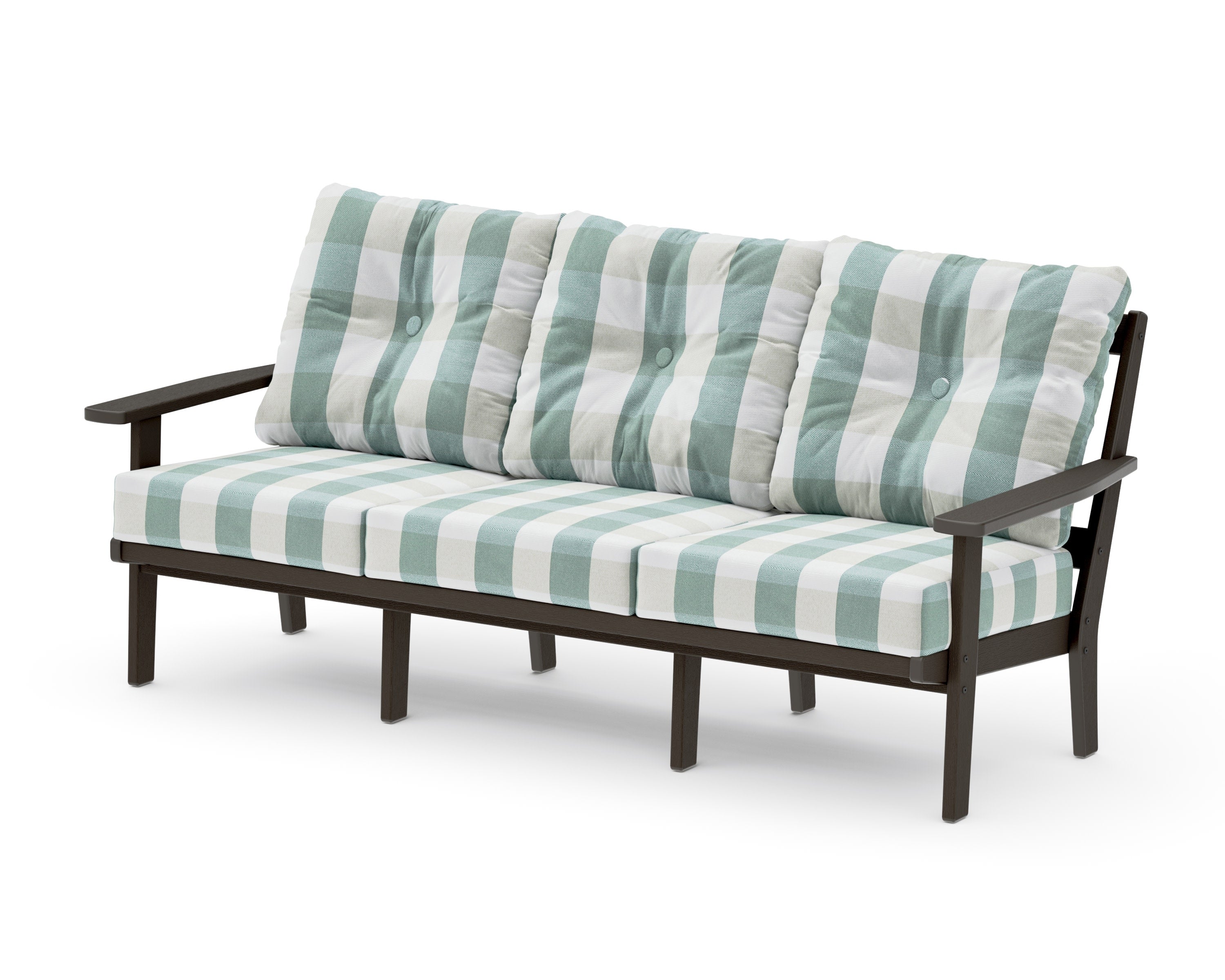 PrairieDeep Seating Sofa in Vintage Coffee / Buffalo Plaid Glacier Spa