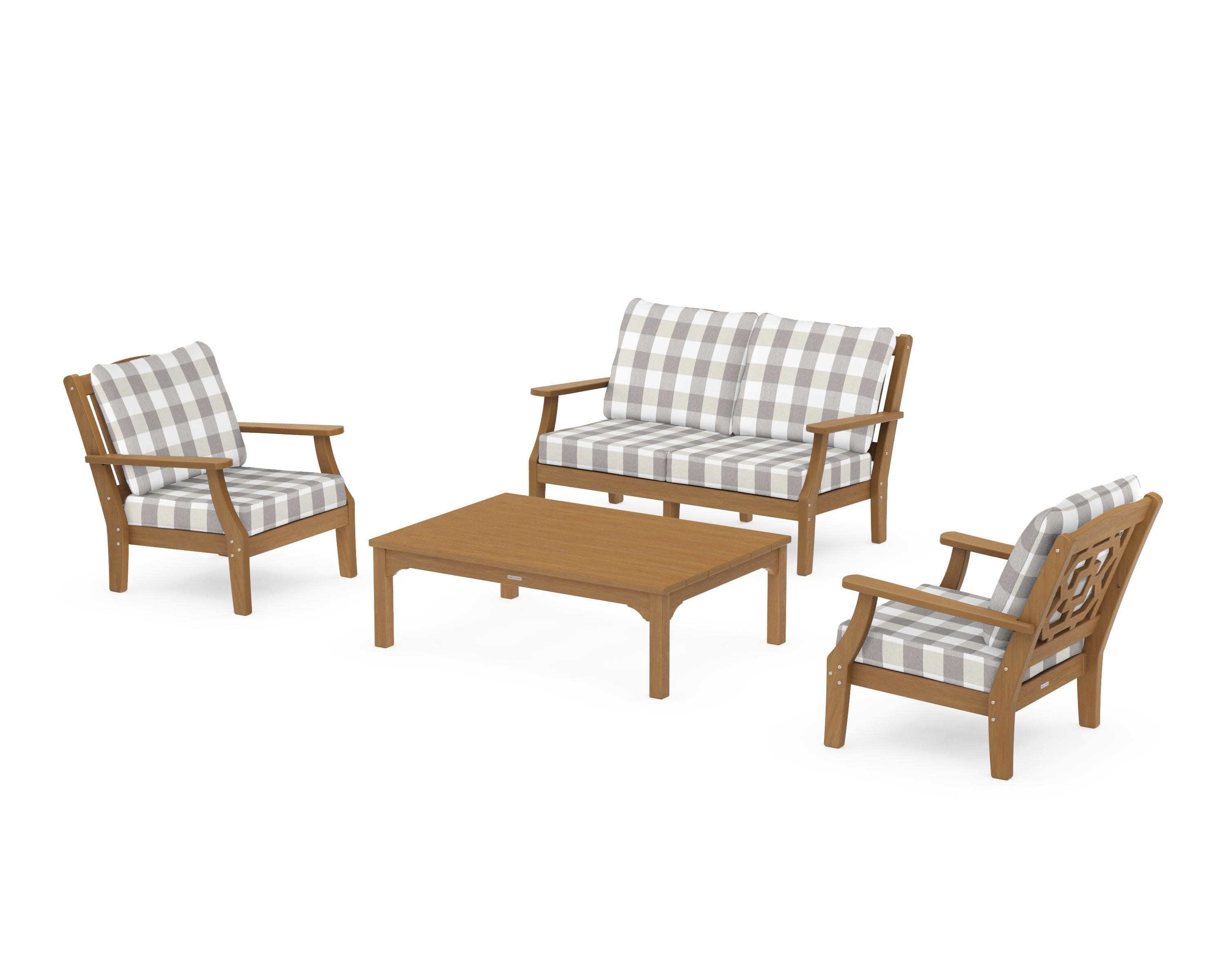 Chinoiserie 4-Piece Deep Seating Set with Loveseat in Natural / Buffalo Plaid Grey Mist