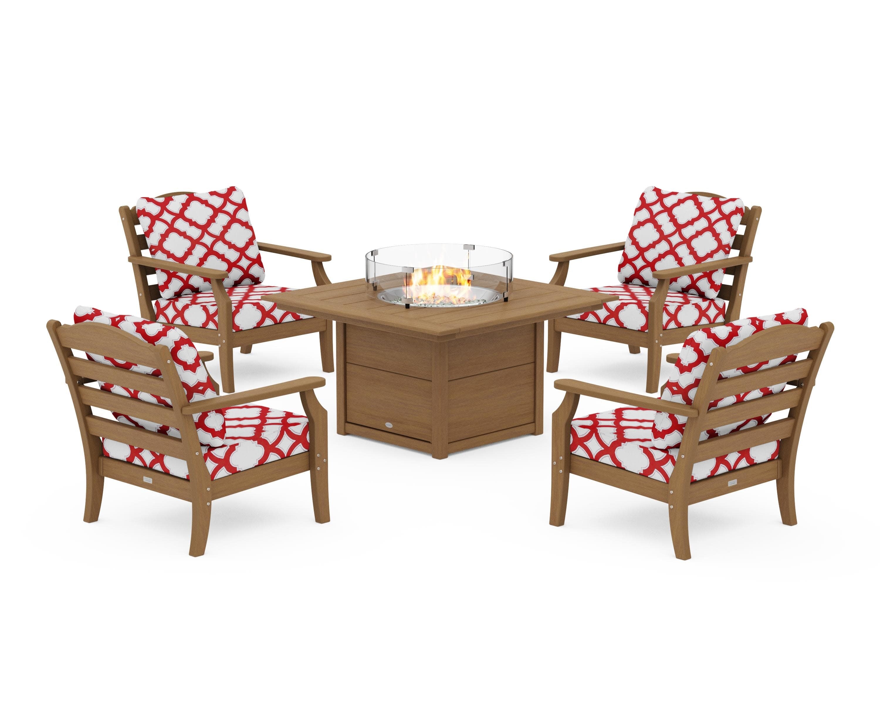 Savannah 5-Piece Deep Seating Set with Fire Pit Table in Natural / Trellis Crimson