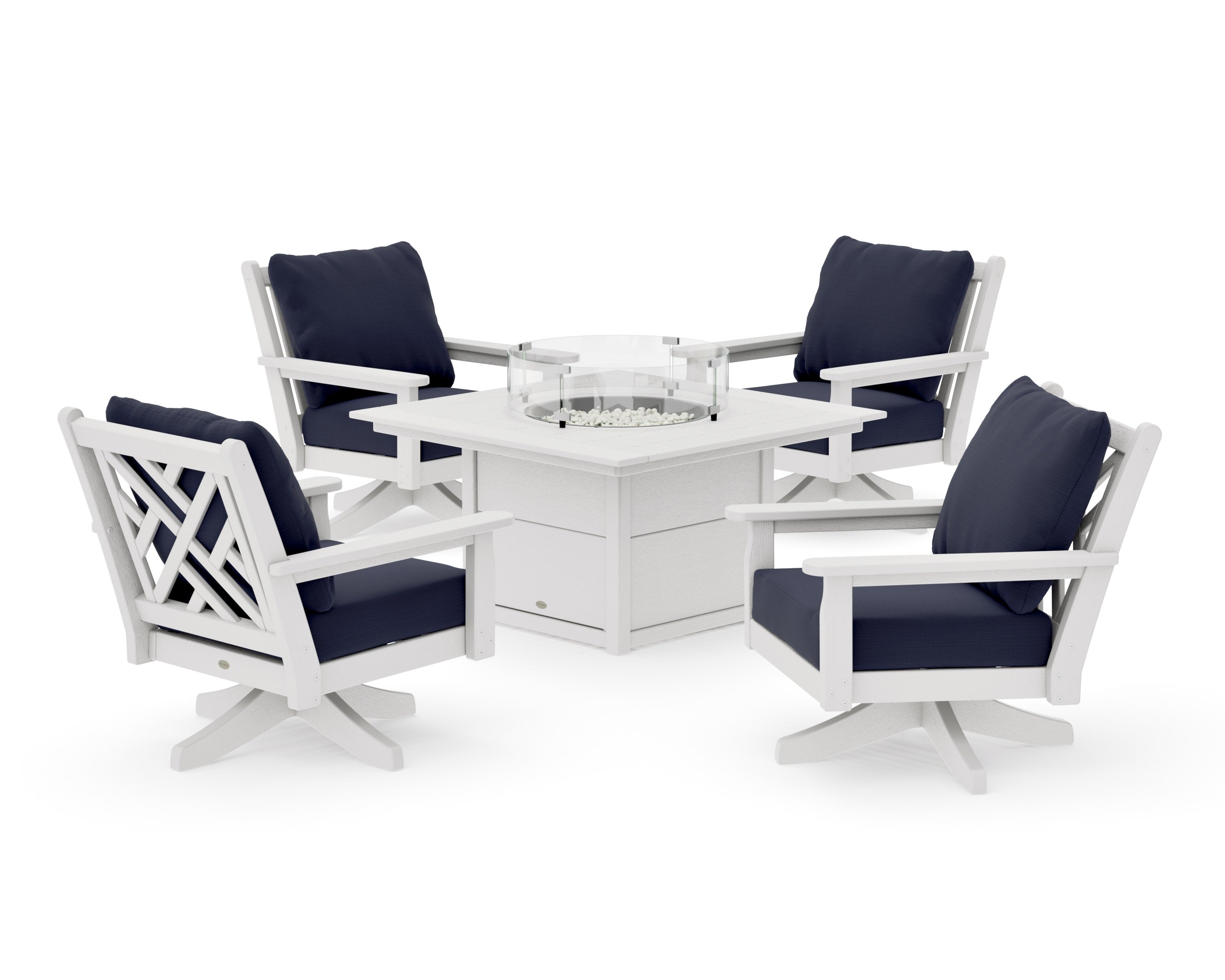 Chippendale 5-Piece Deep Seating Swivel Conversation Set with Fire Pit Table in Vintage White / Navy Linen