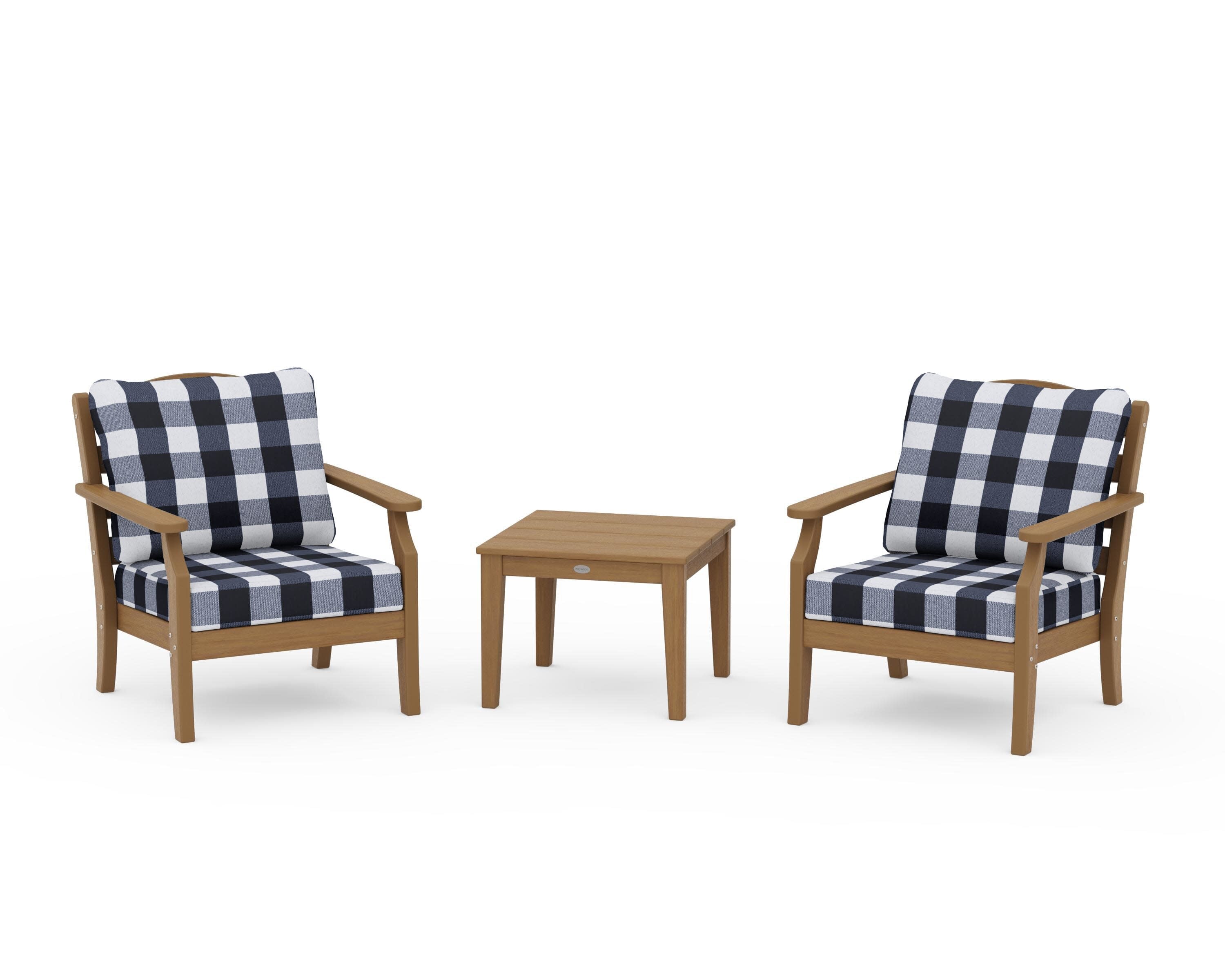 Savannah 3-Piece Deep Seating Set in Natural / Buffalo Plaid Marine Indigo