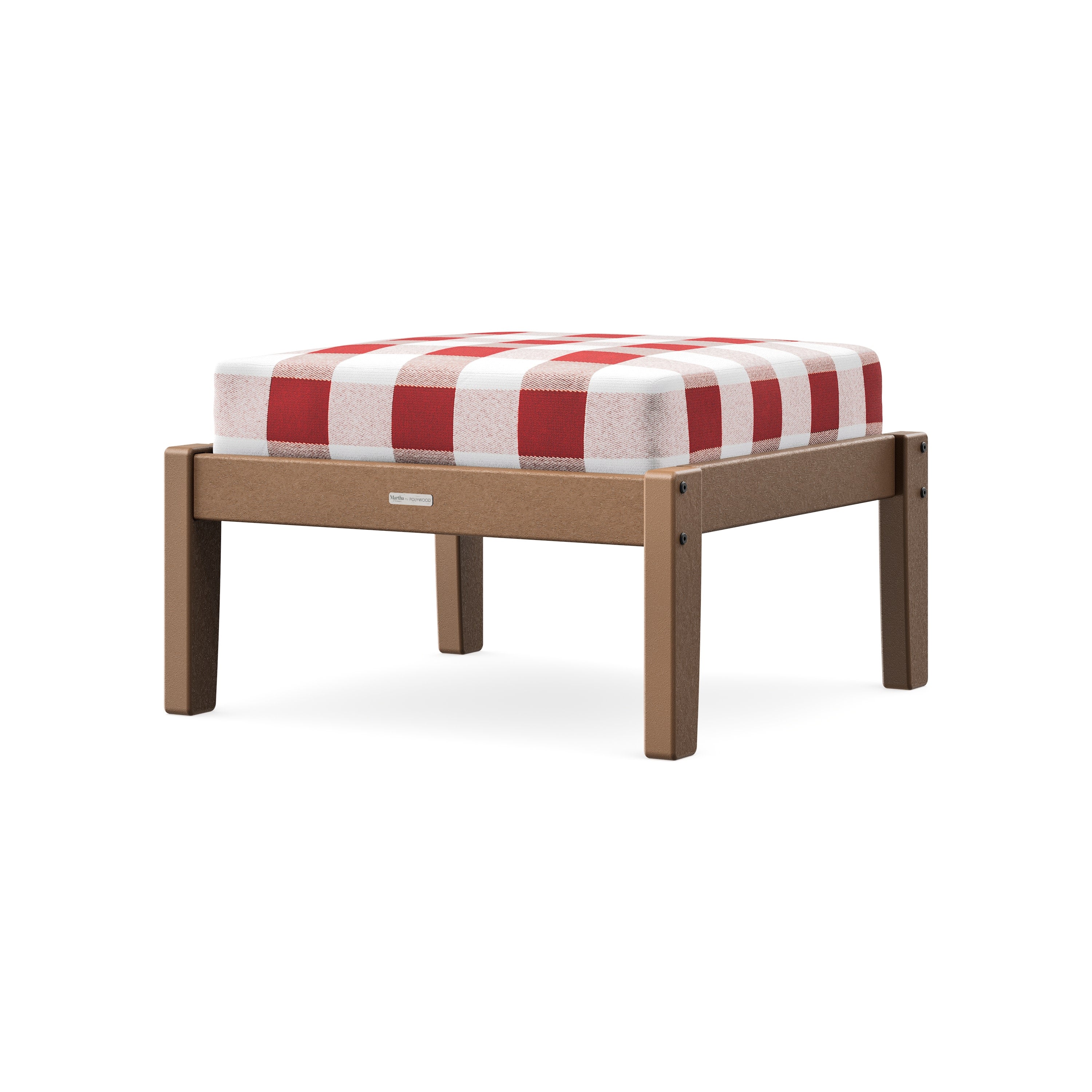 Chinoiserie Deep Seating Ottoman in Teak / Buffalo Plaid Crimson