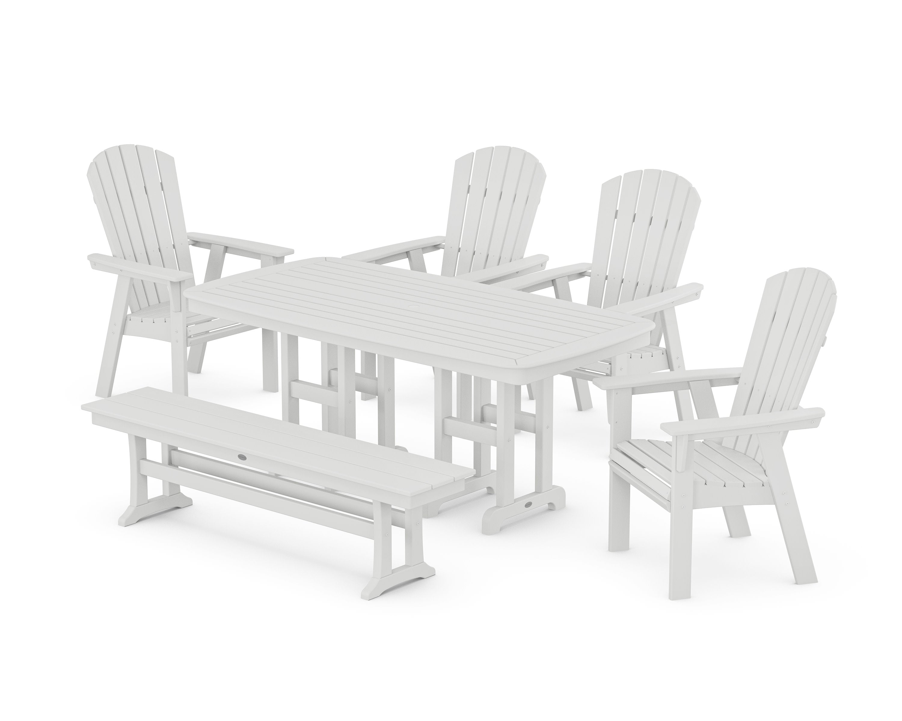 Nautical Curveback Adirondack 6-Piece Dining Set with Bench in White