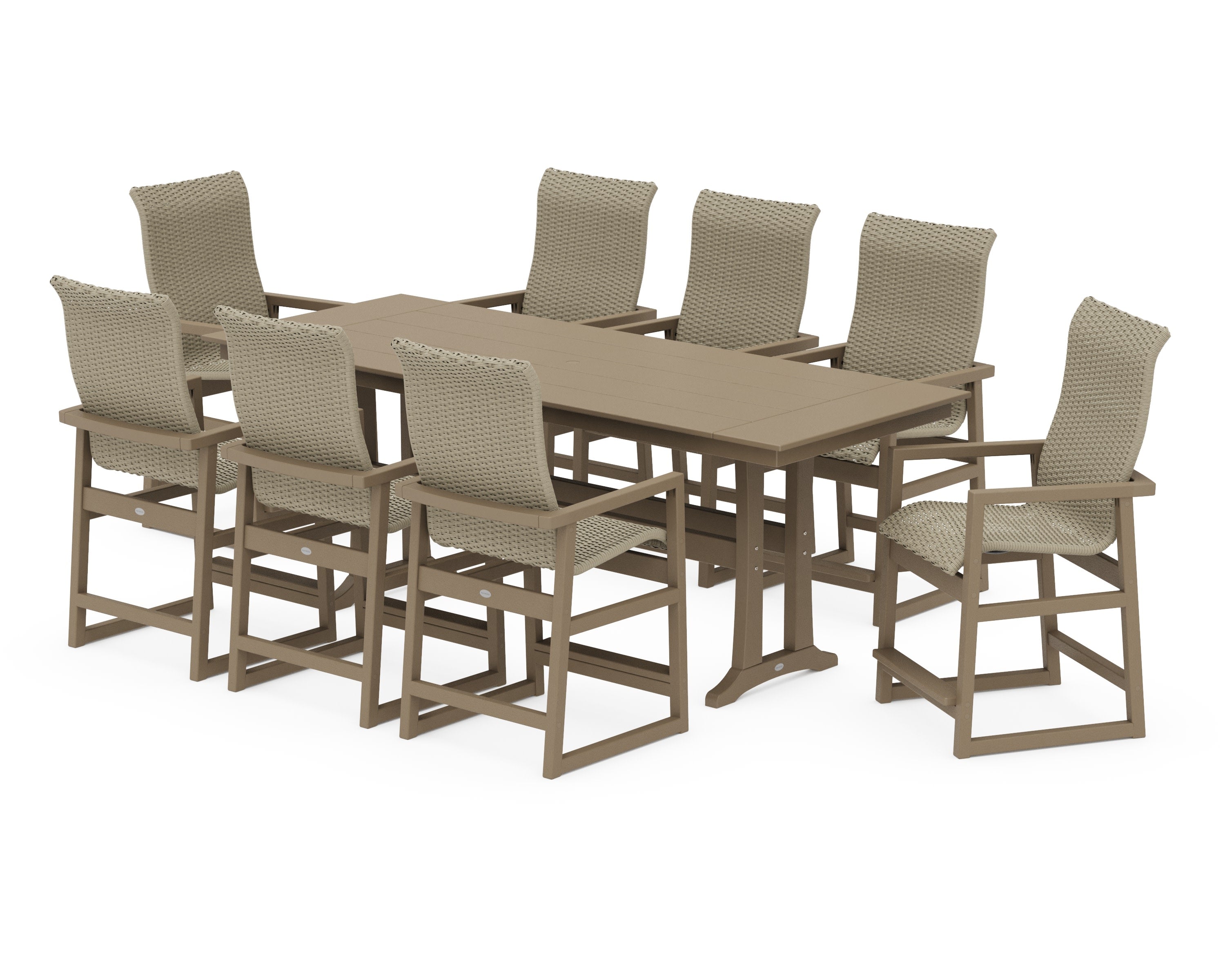 EDGE Woven Highback 9-Piece Farmhouse Counter Set with Trestle Legs in Vintage Sahara / Dune Grass