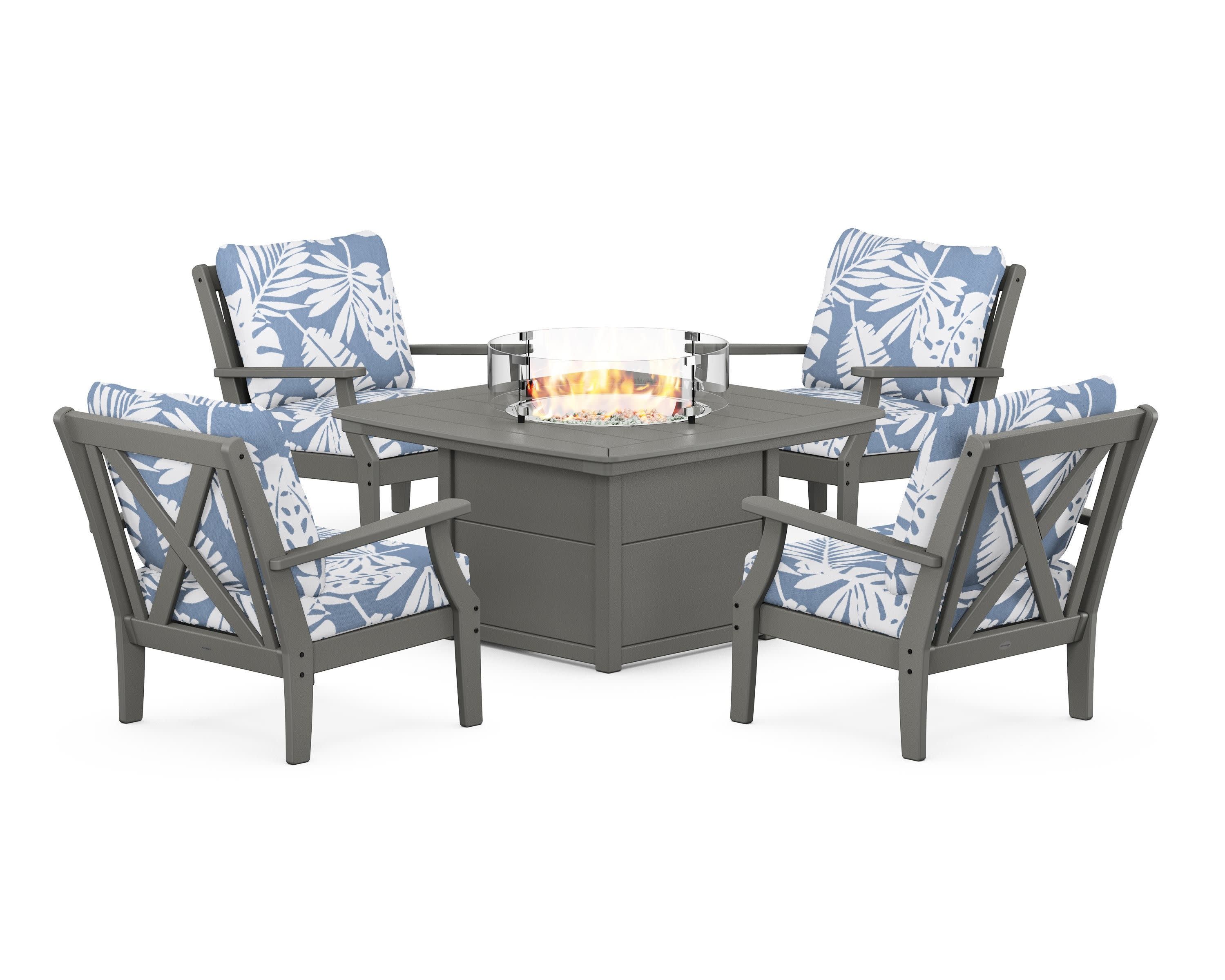 Braxton 5-Piece Deep Seating Conversation Set with Fire Pit Table in Slate Grey / Leaf Sky Blue