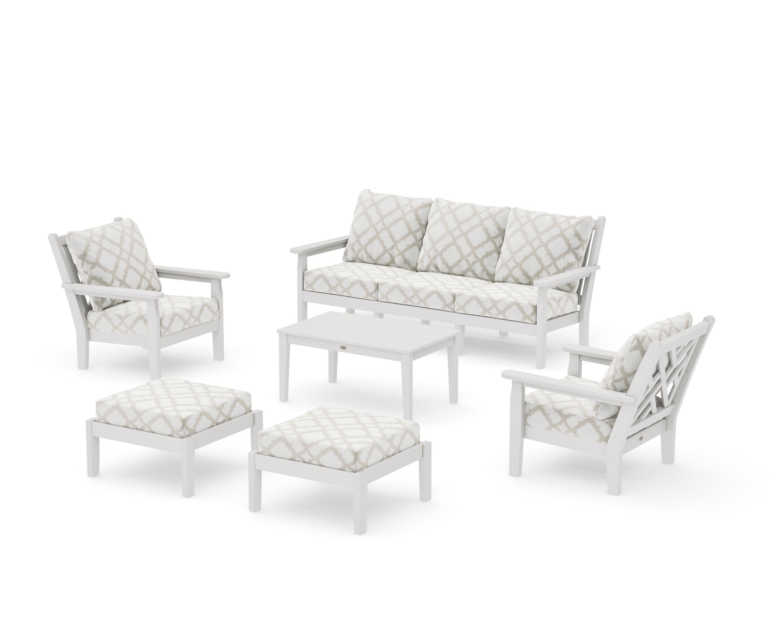 Chippendale 6-Piece Lounge Sofa Set in Vintage White / Trellis Dune Burlap
