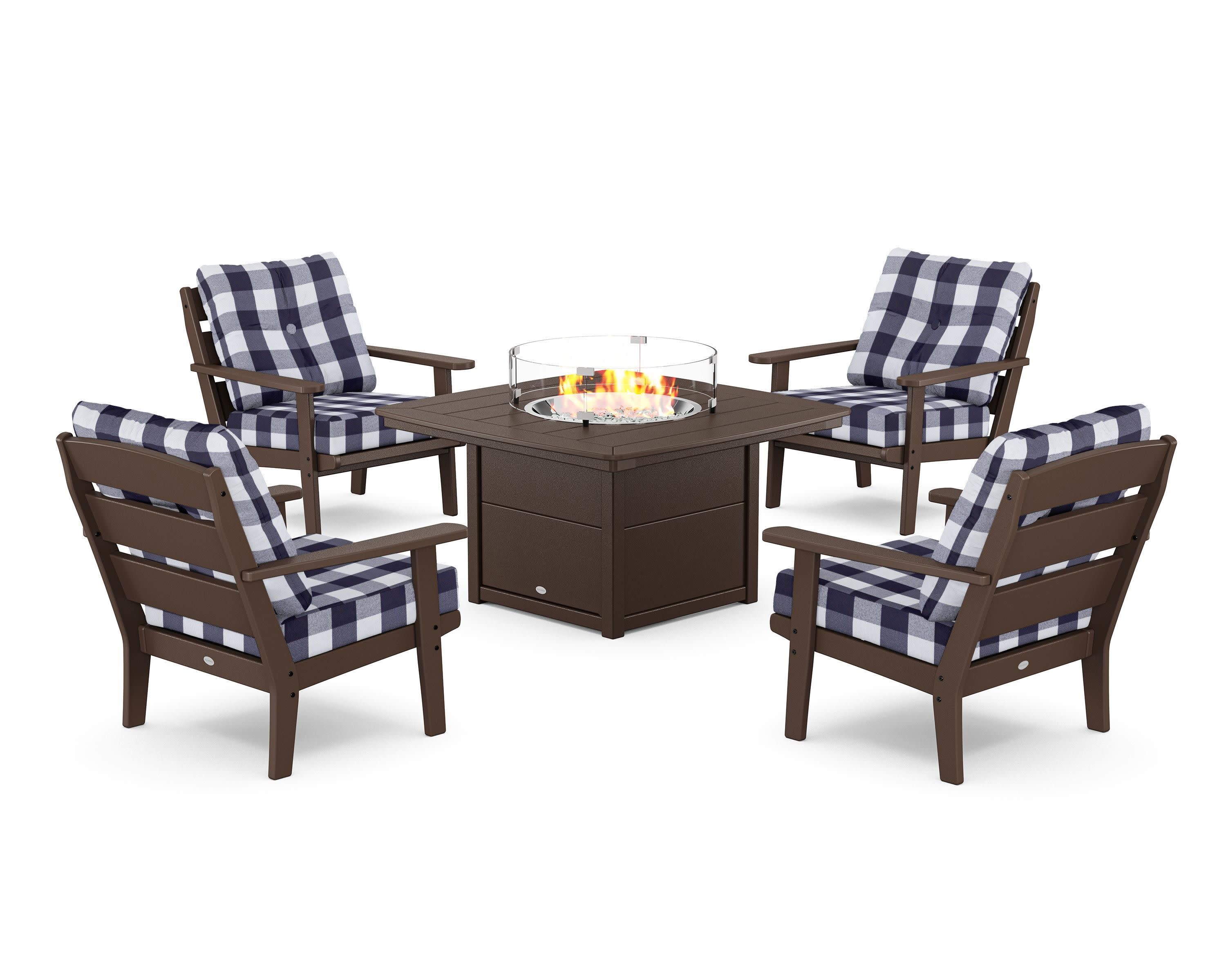 Lakeside 5-Piece Deep Seating Set with Nautical Fire Pit Table in Mahogany / Buffalo Plaid Navy