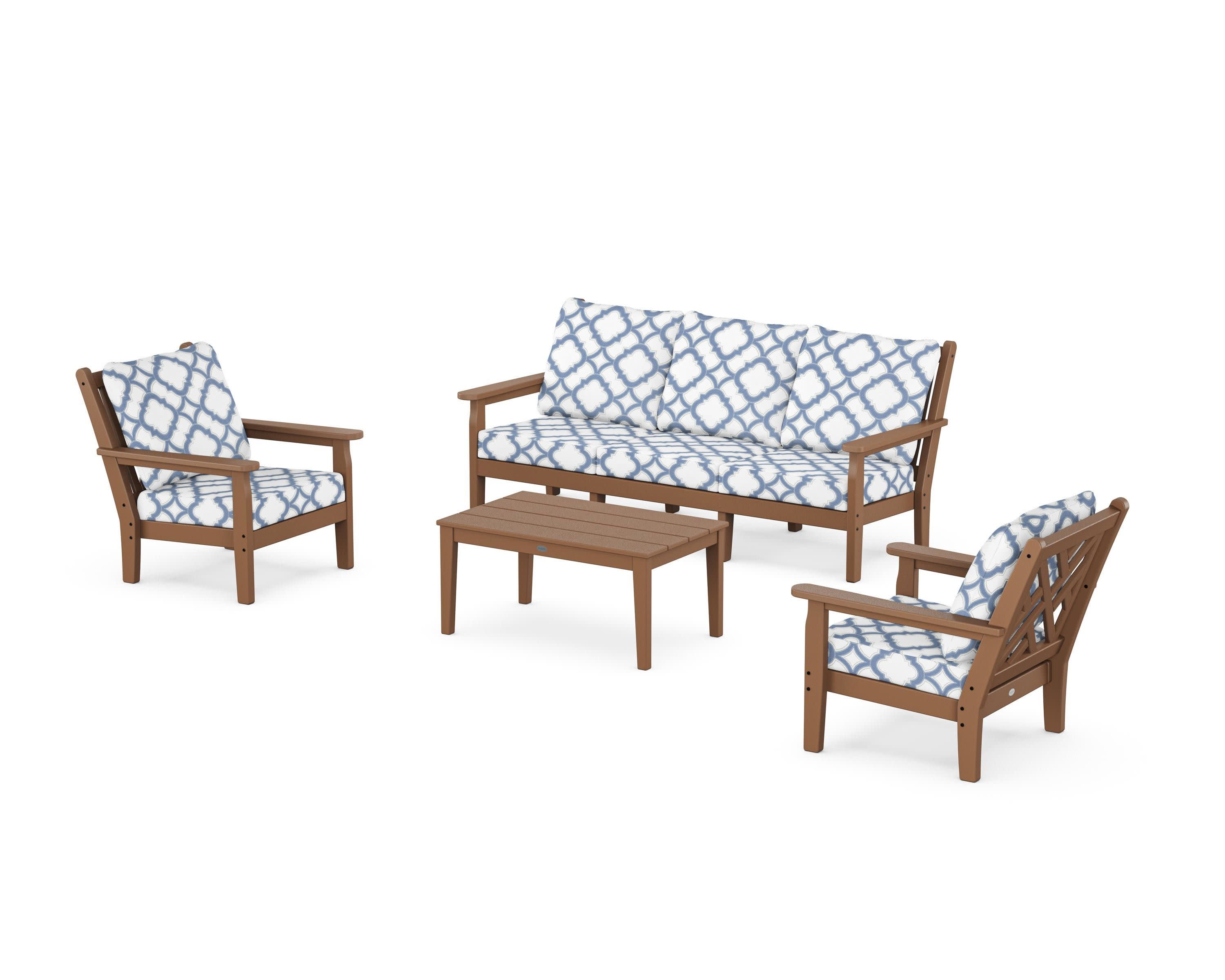 Chippendale 4-Piece Deep Seating Set with Sofa in Teak / Trellis Sky Blue