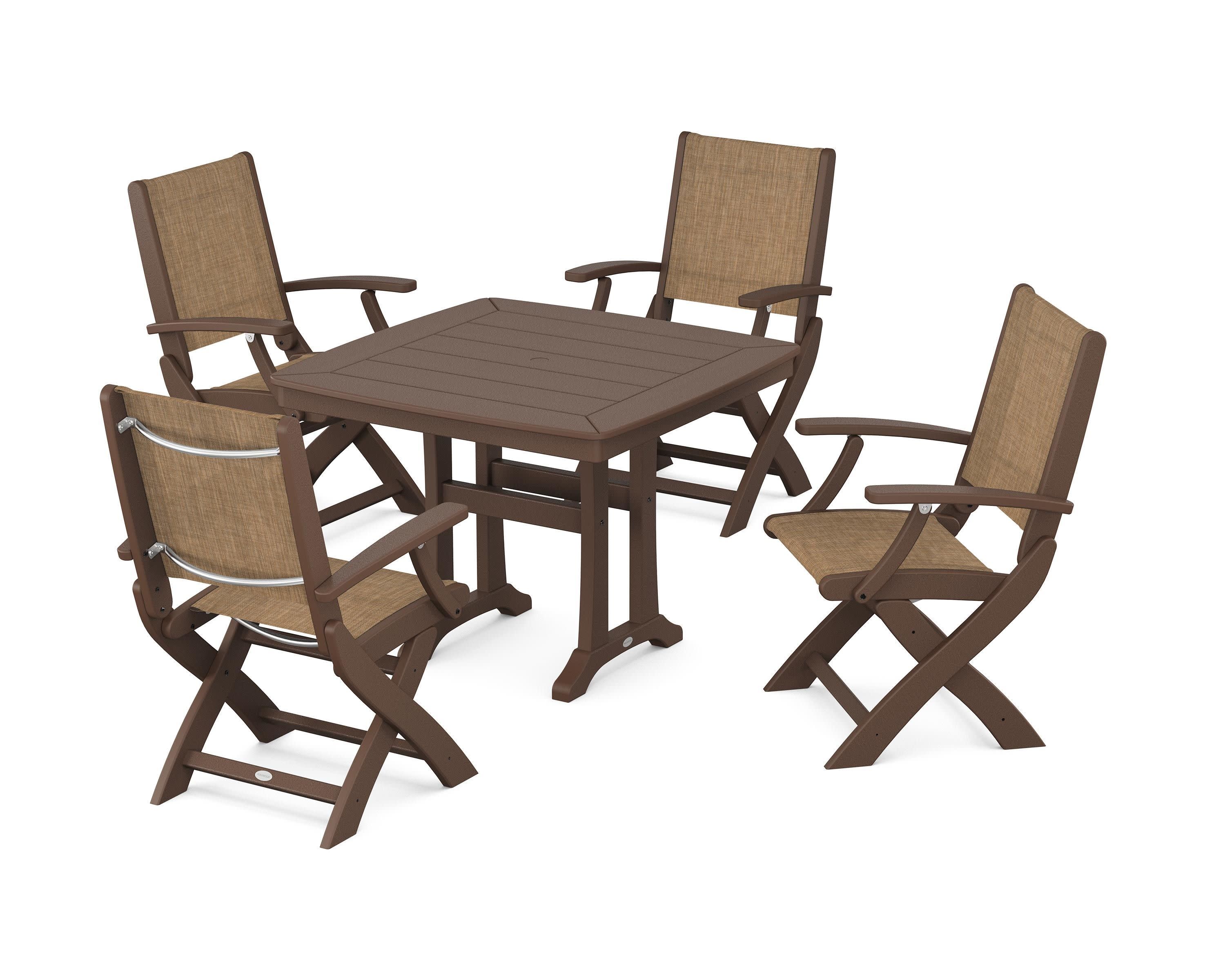 Coastal Folding Chair 5-Piece Dining Set with Trestle Legs in Mahogany / Burlap Sling