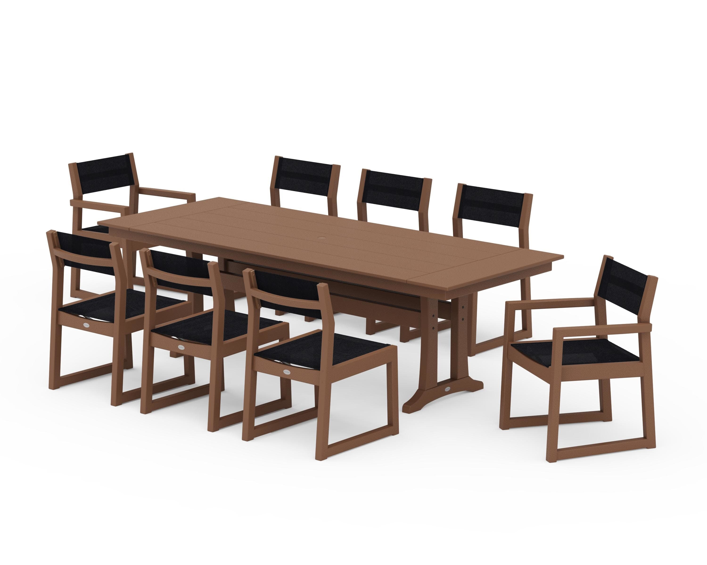 EDGE Sling 9-Piece Farmhouse Trestle Dining Set in Teak / Black Sling