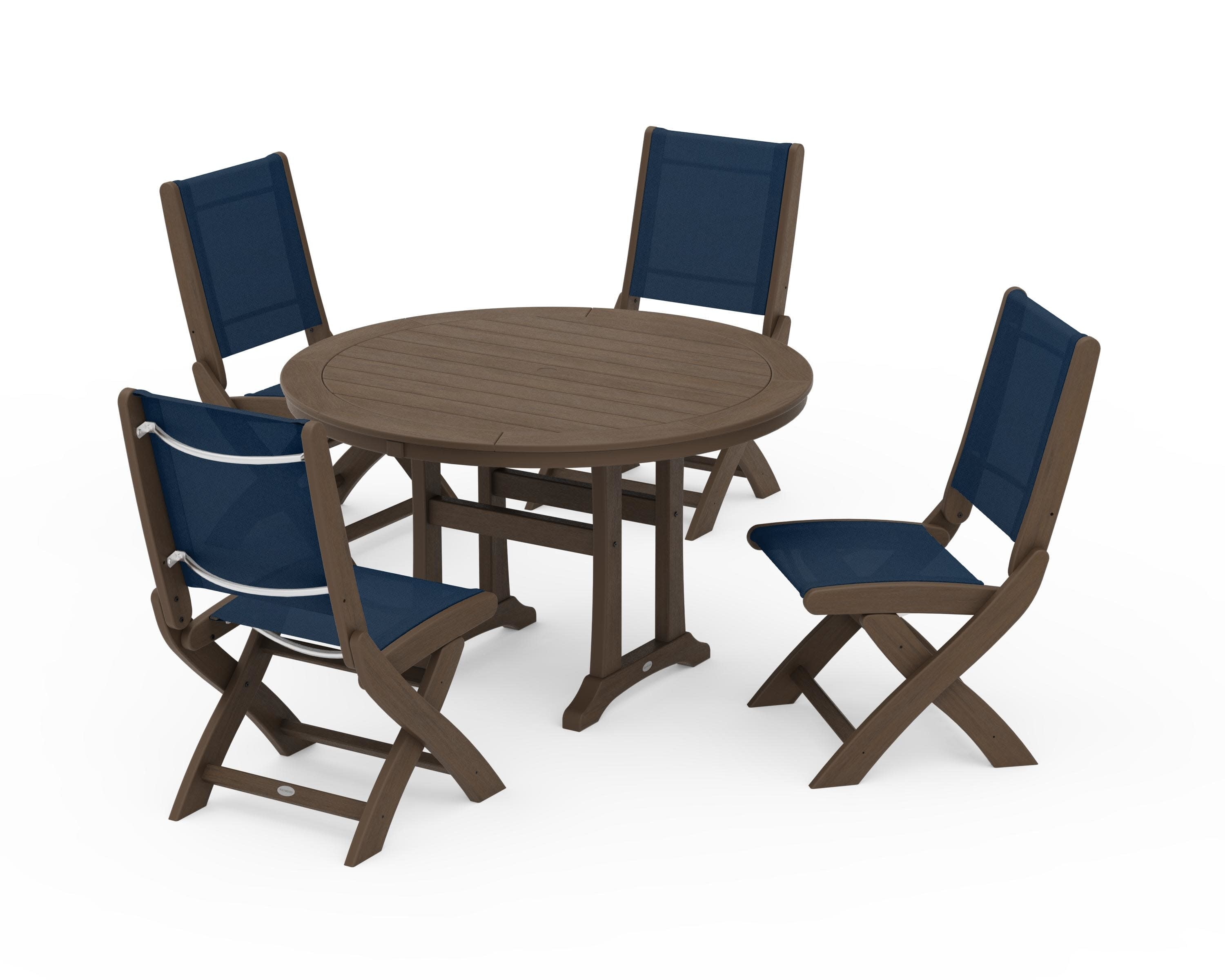 Coastal Folding Side Chair 5-Piece Round Dining Set With Trestle Legs in Kona / Navy Blue Sling
