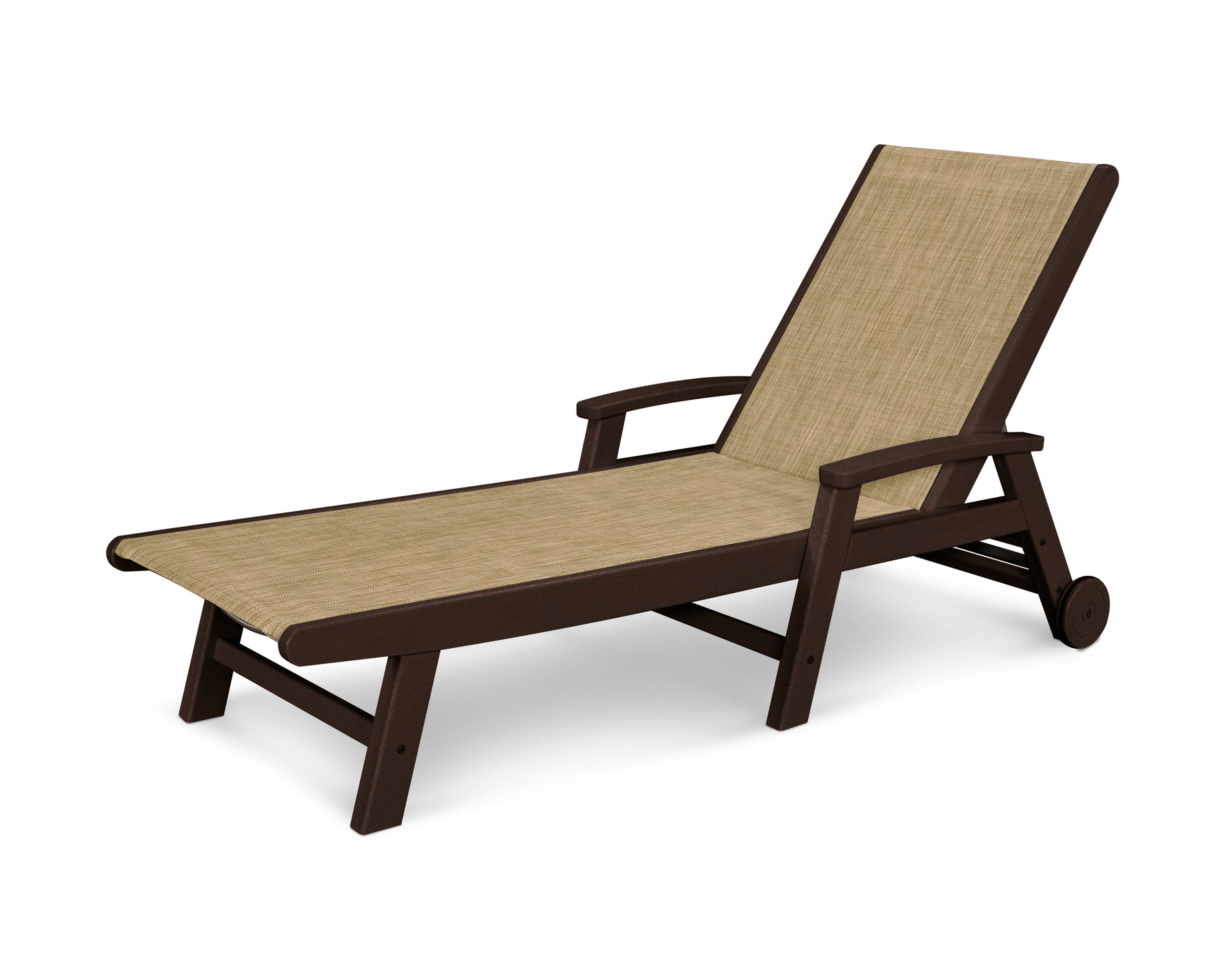 Coastal Chaise with Wheels in Mahogany / Burlap Sling