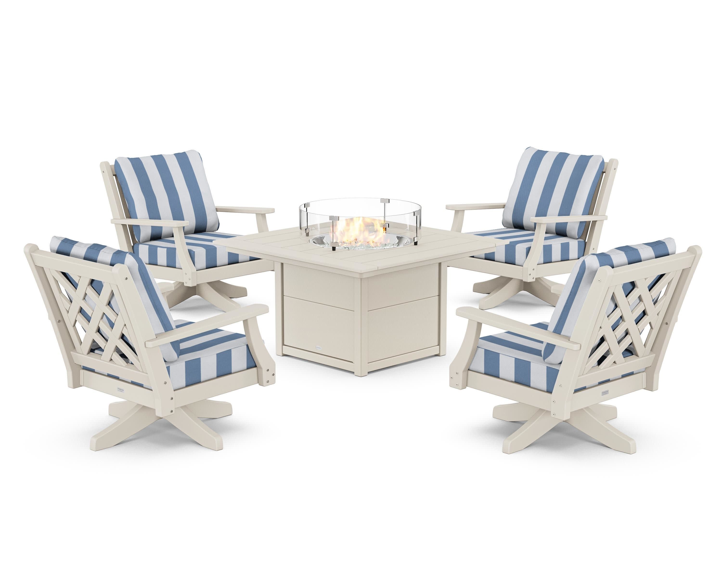 Wovendale 5-Piece Deep Seating Swivel Conversation Set with Fire Pit Table in Sand / Cabana Stripe Sky Blue