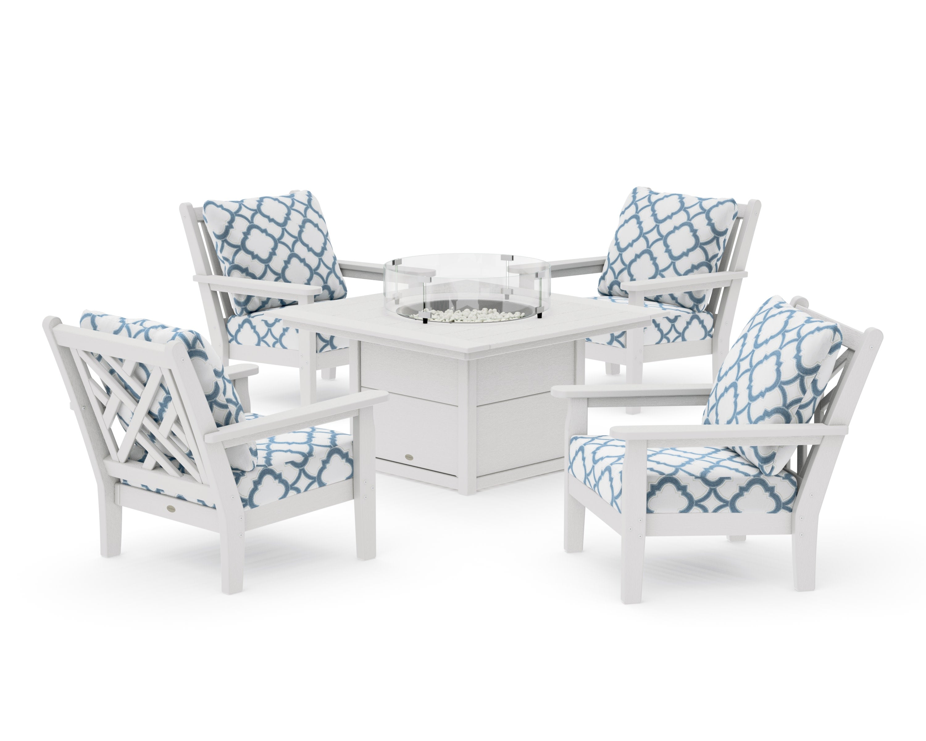 Chippendale 5-Piece Deep Seating Set with Fire Pit Table in Vintage White / Trellis Sky Blue