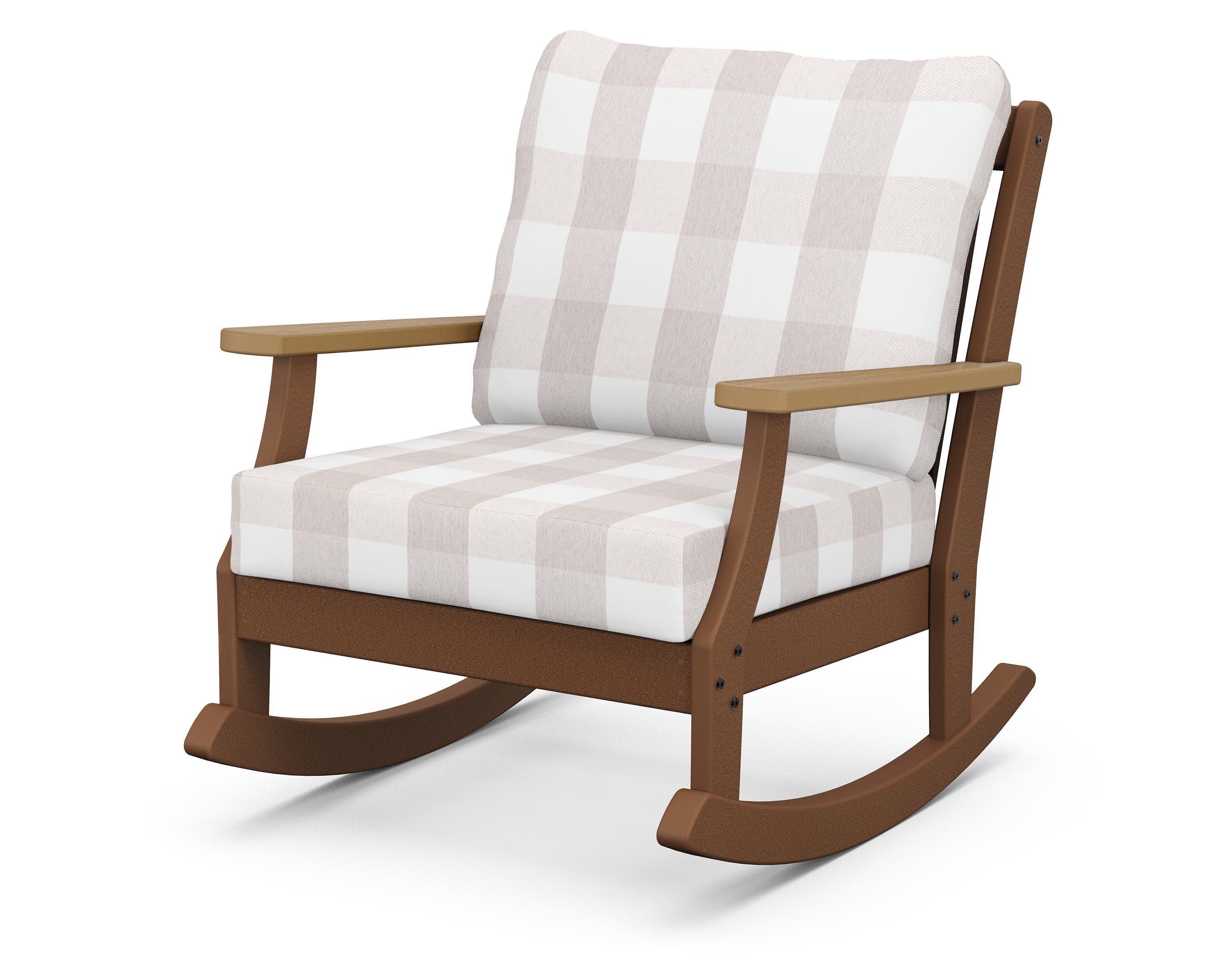 Braxton Deep Seating Rocking Chair in Teak / Natural / Buffalo Plaid Dune Burlap