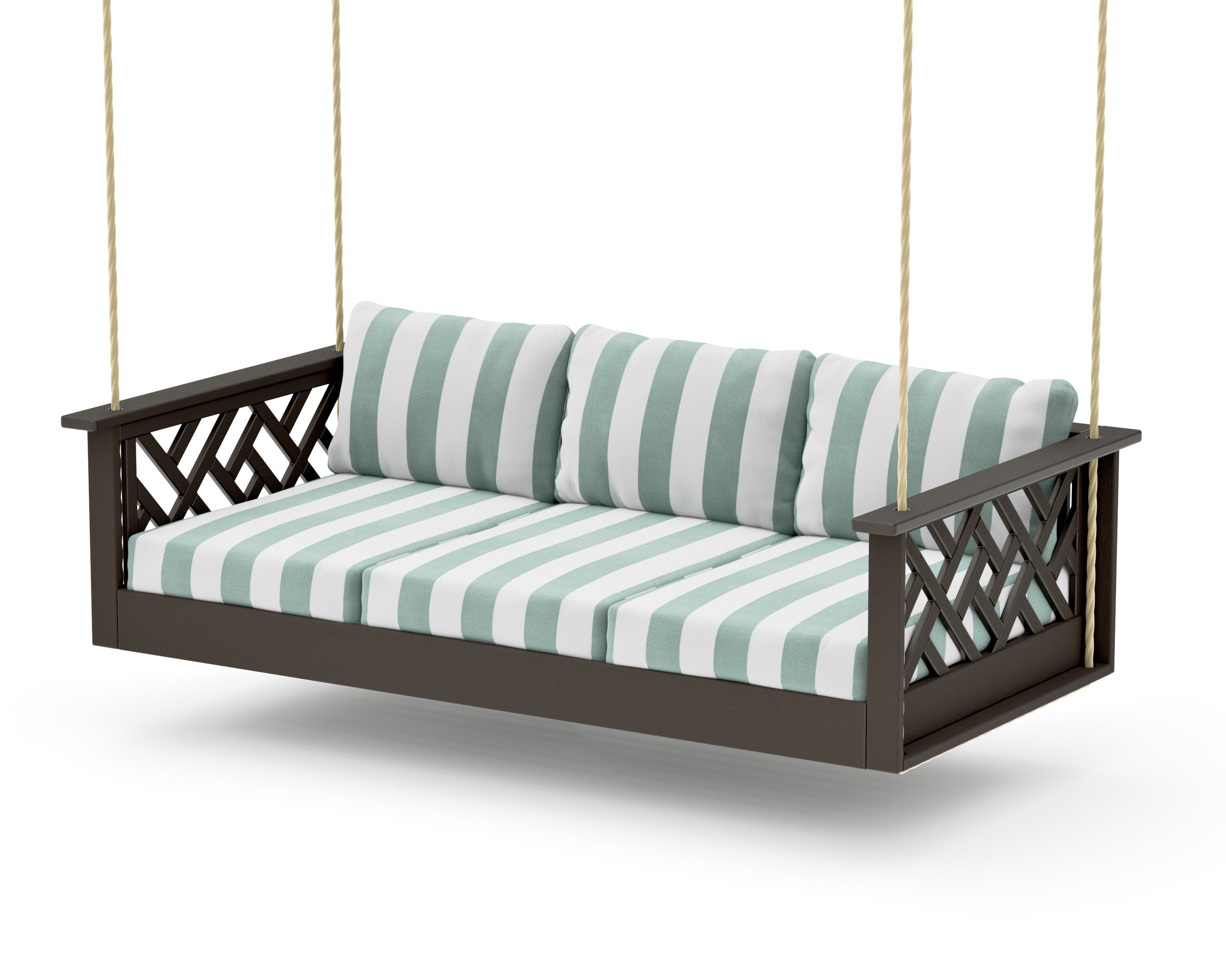 Chippendale Daybed Swing in Vintage Coffee / Cabana Stripe Glacier Spa