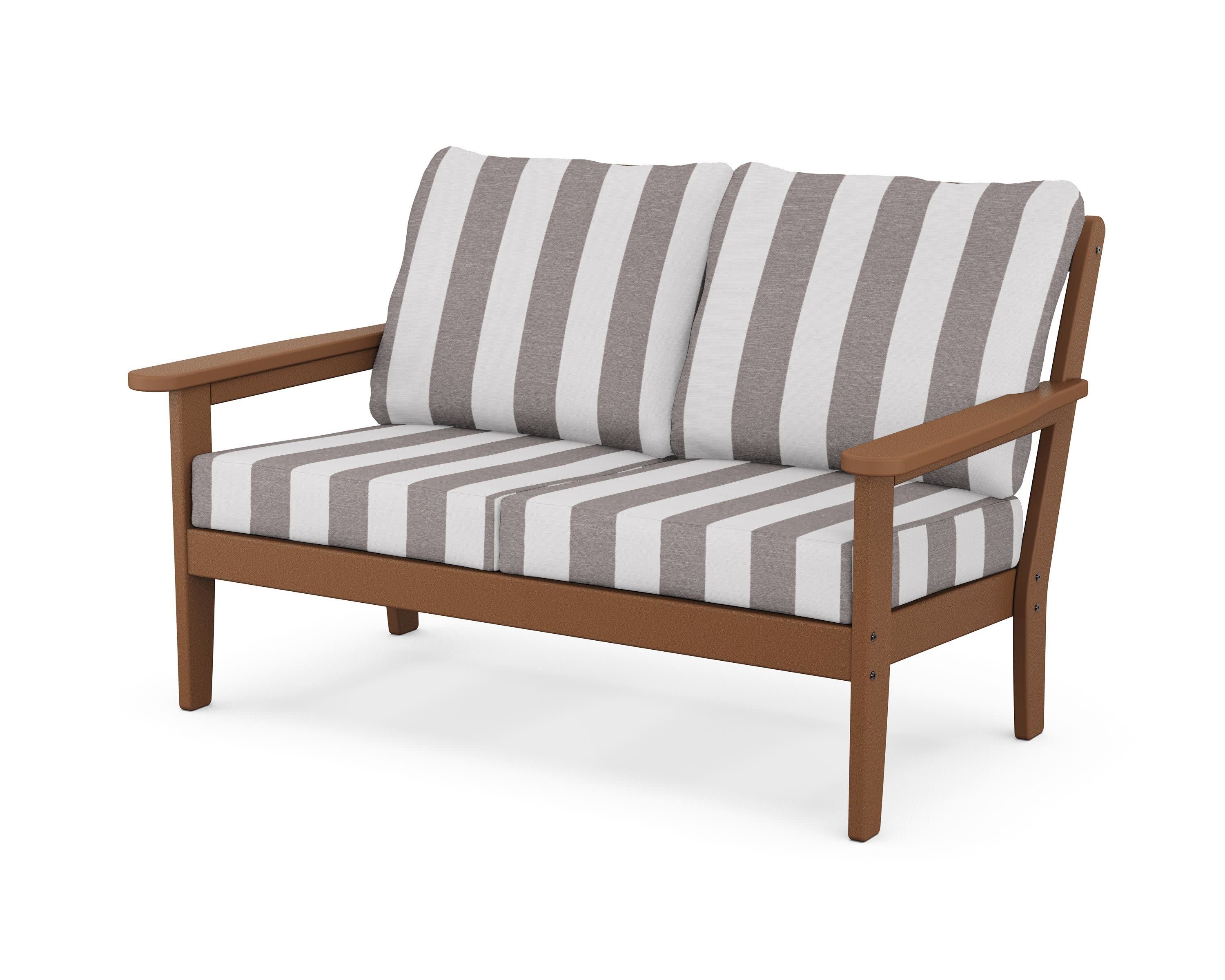 Cottage Deep Seating Loveseat in Teak / Cabana Stripe Grey Mist