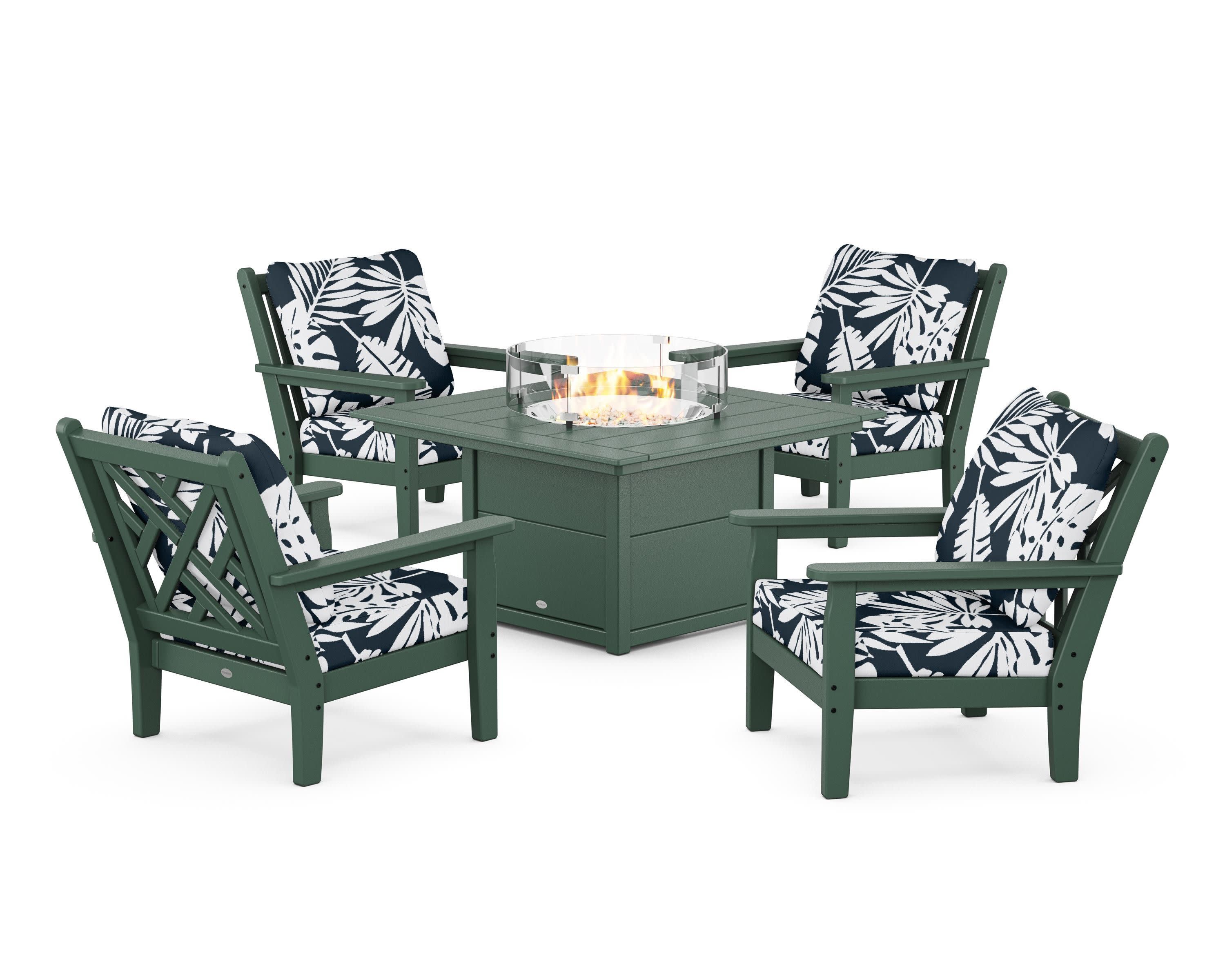 Chippendale 5-Piece Deep Seating Set with Fire Pit Table in Green / Leaf Marine Indigo
