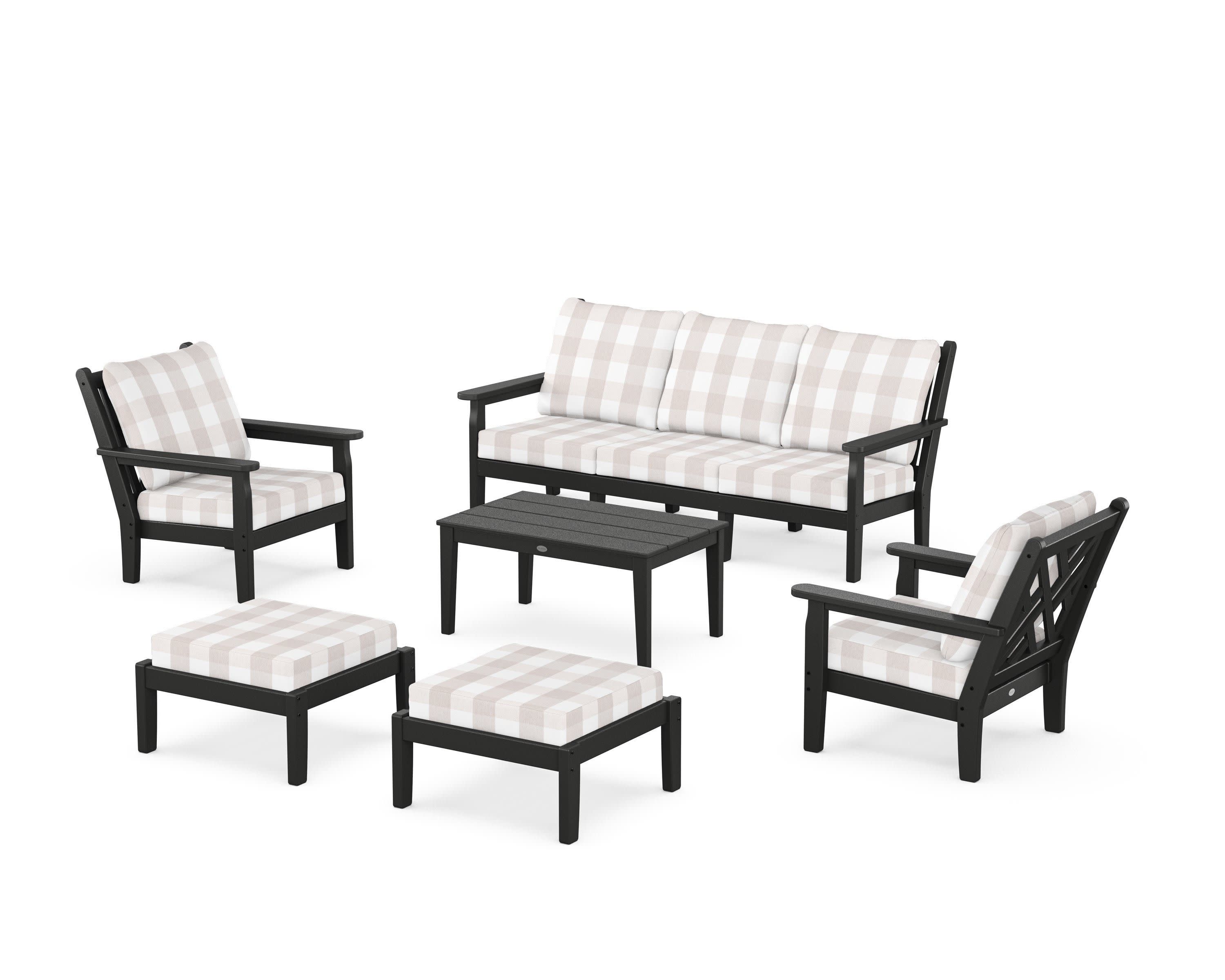 Chippendale 6-Piece Lounge Sofa Set in Black / Buffalo Plaid Dune Burlap