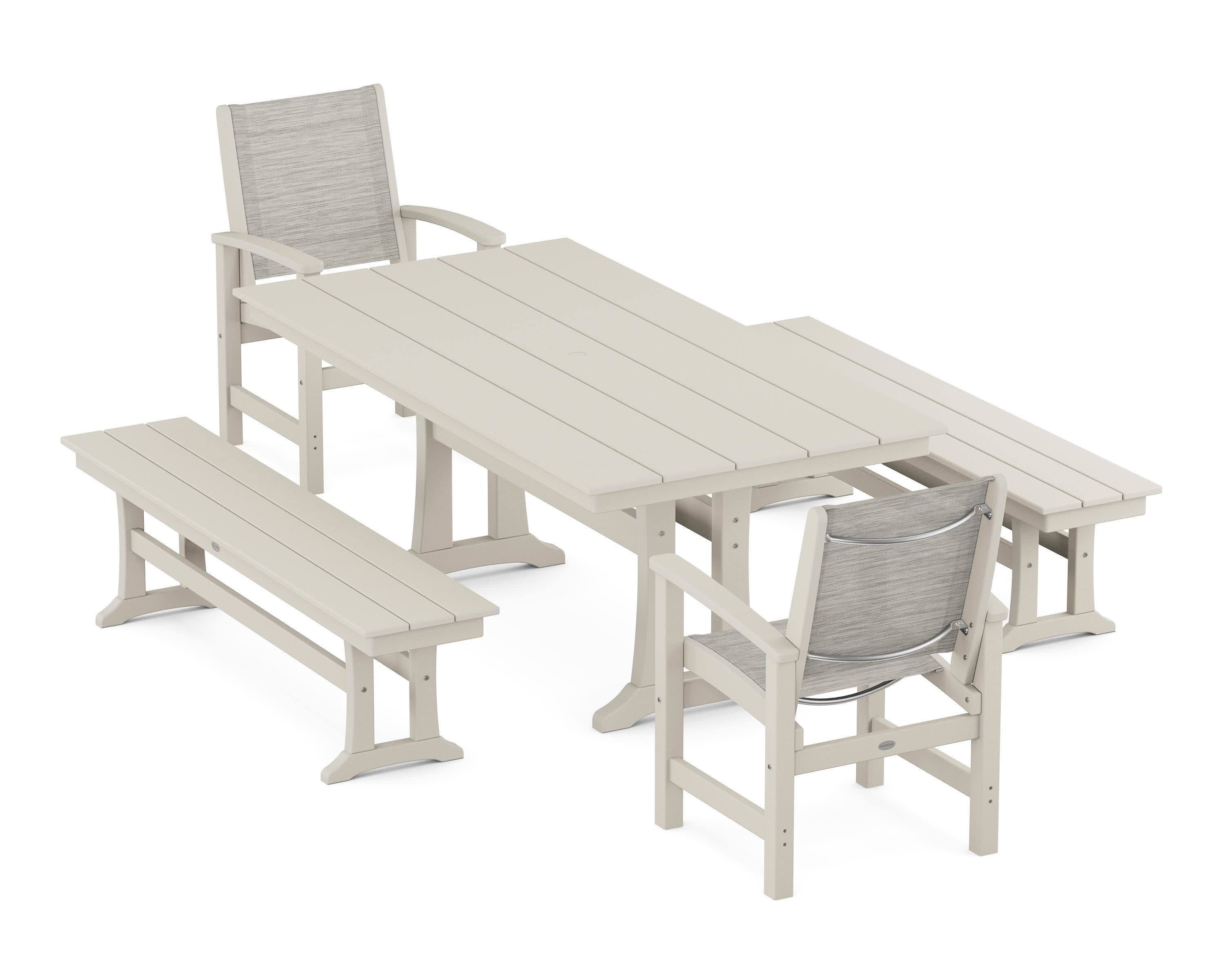 Coastal 5-Piece Farmhouse Dining Set with Trestle Legs and Benches in Sand / Birch Sling