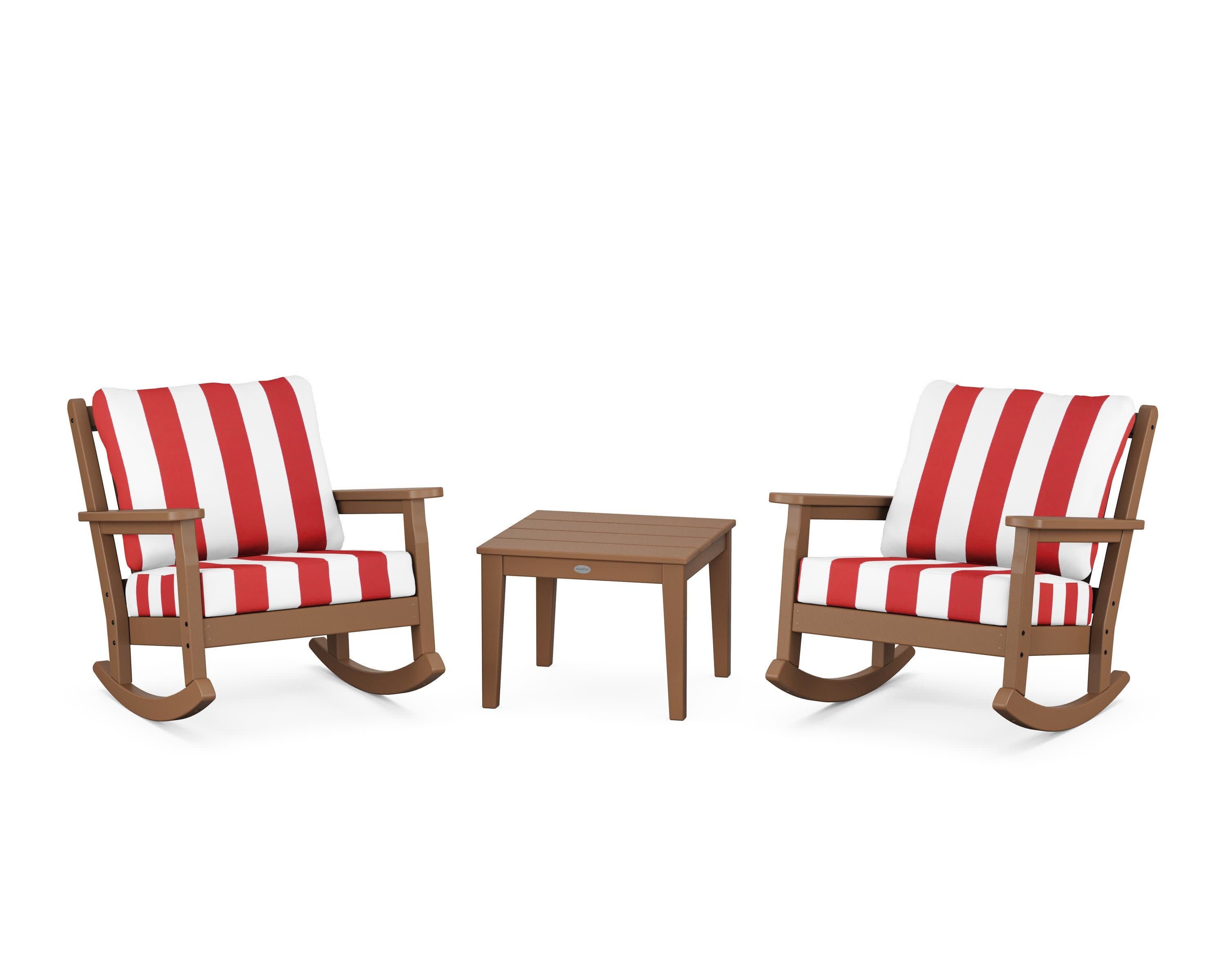Chippendale 3-Piece Deep Seating Rocker Set in Teak / Cabana Stripe Crimson