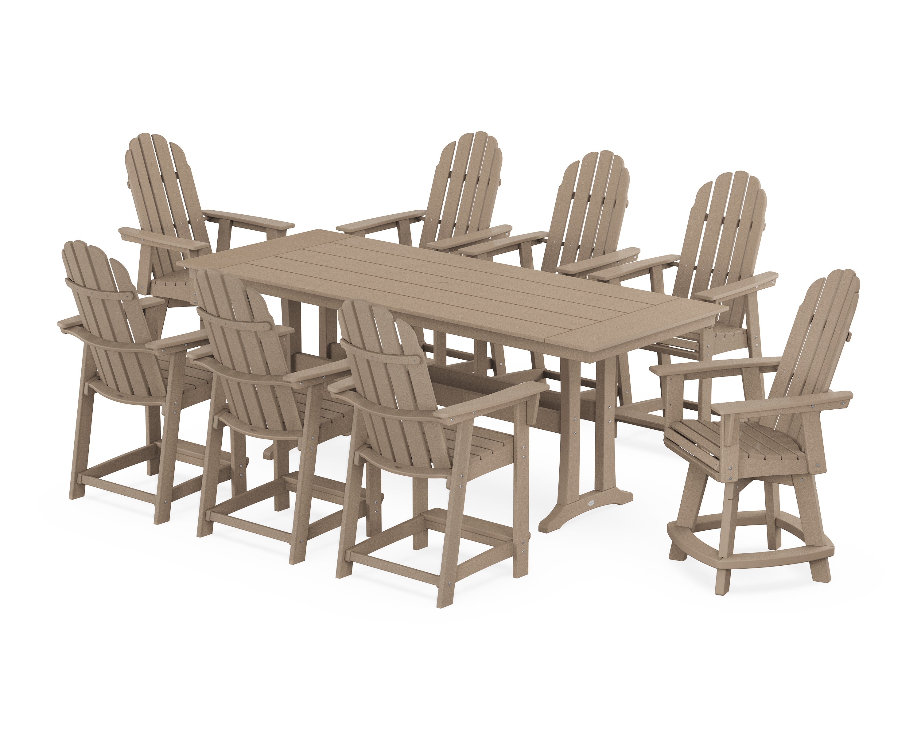 Vineyard Curveback Adirondack Swivel 9-Piece Farmhouse Counter Set with Trestle Legs in Vintage Sahara