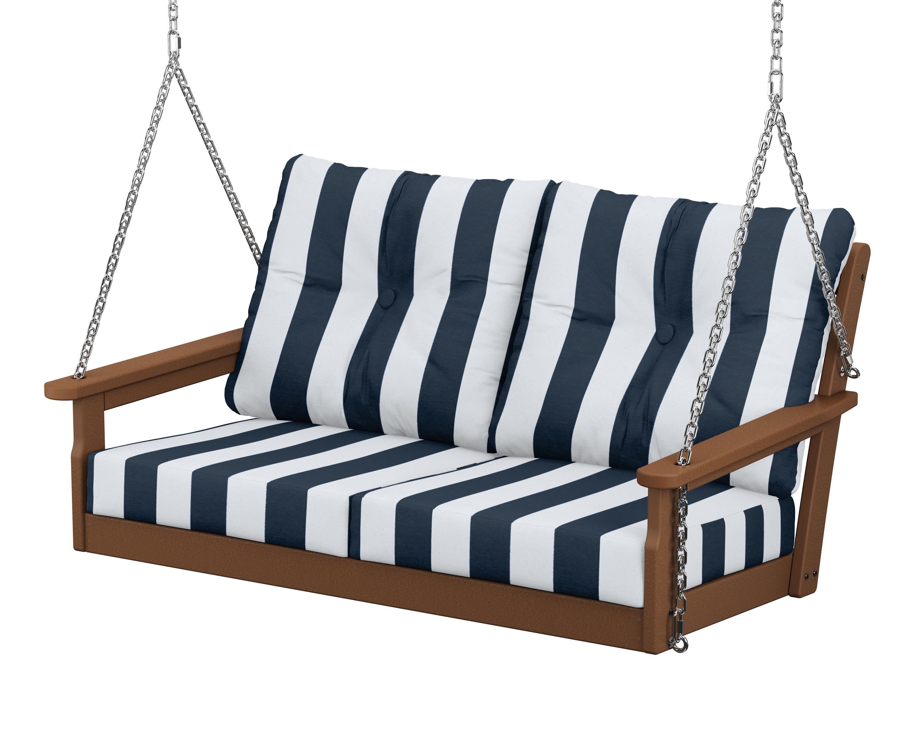Vineyard Deep Seating Swing in Teak / Cabana Stripe Marine Indigo