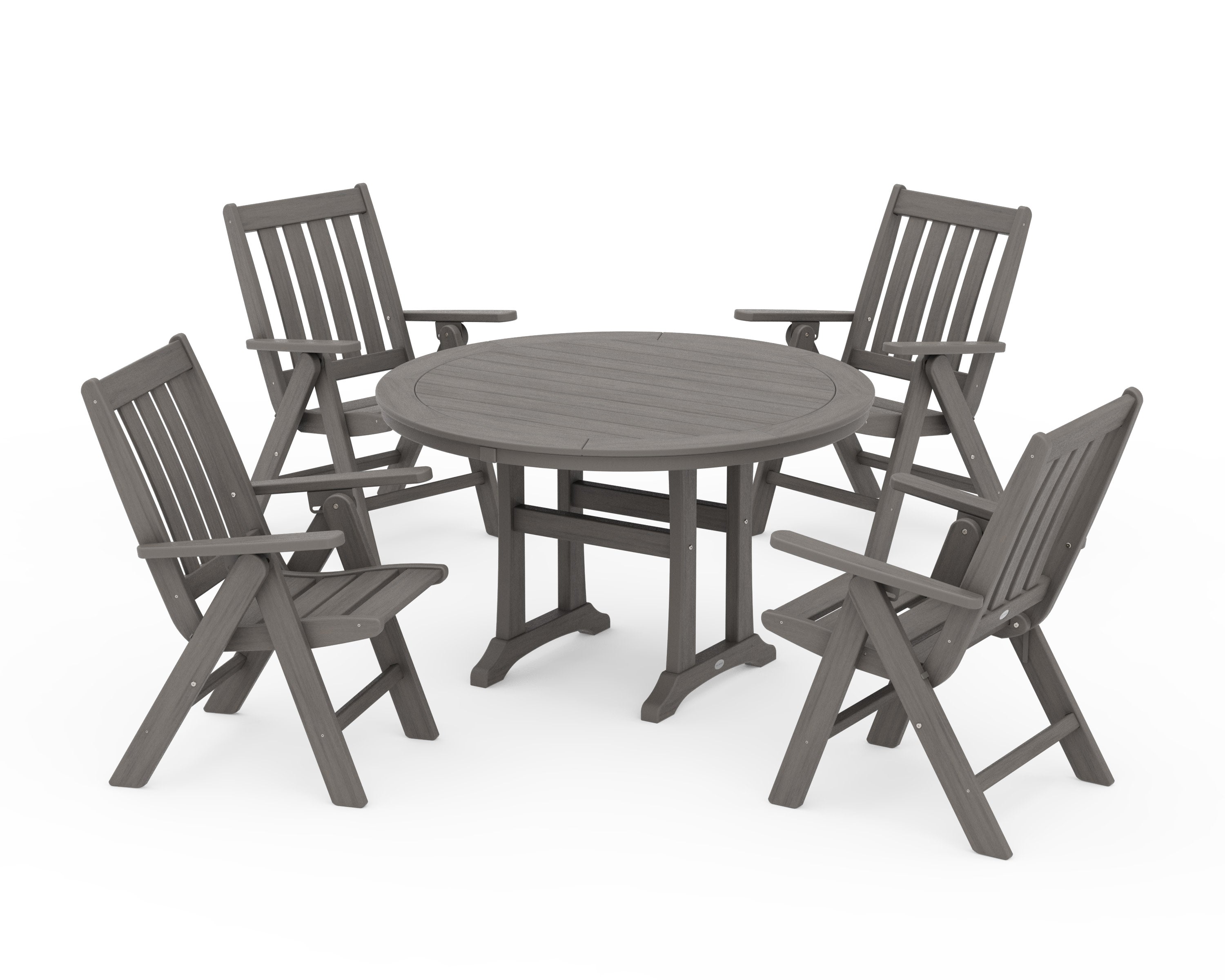 Vineyard Folding Chair 5-Piece Round Dining Set with Trestle Legs in Driftwood