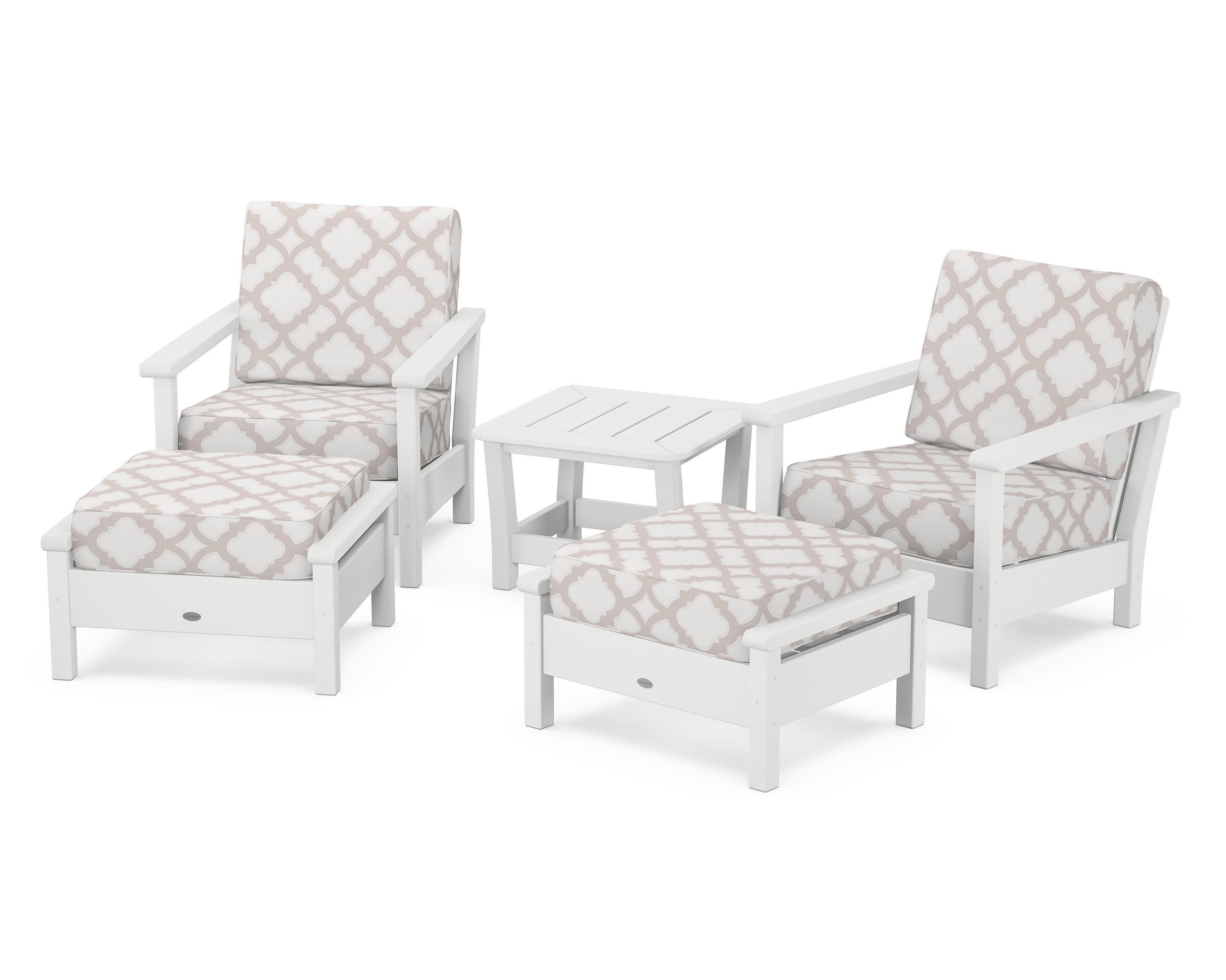 Harbour 5-Piece Deep Seating Chair Set in White / Trellis Dune Burlap