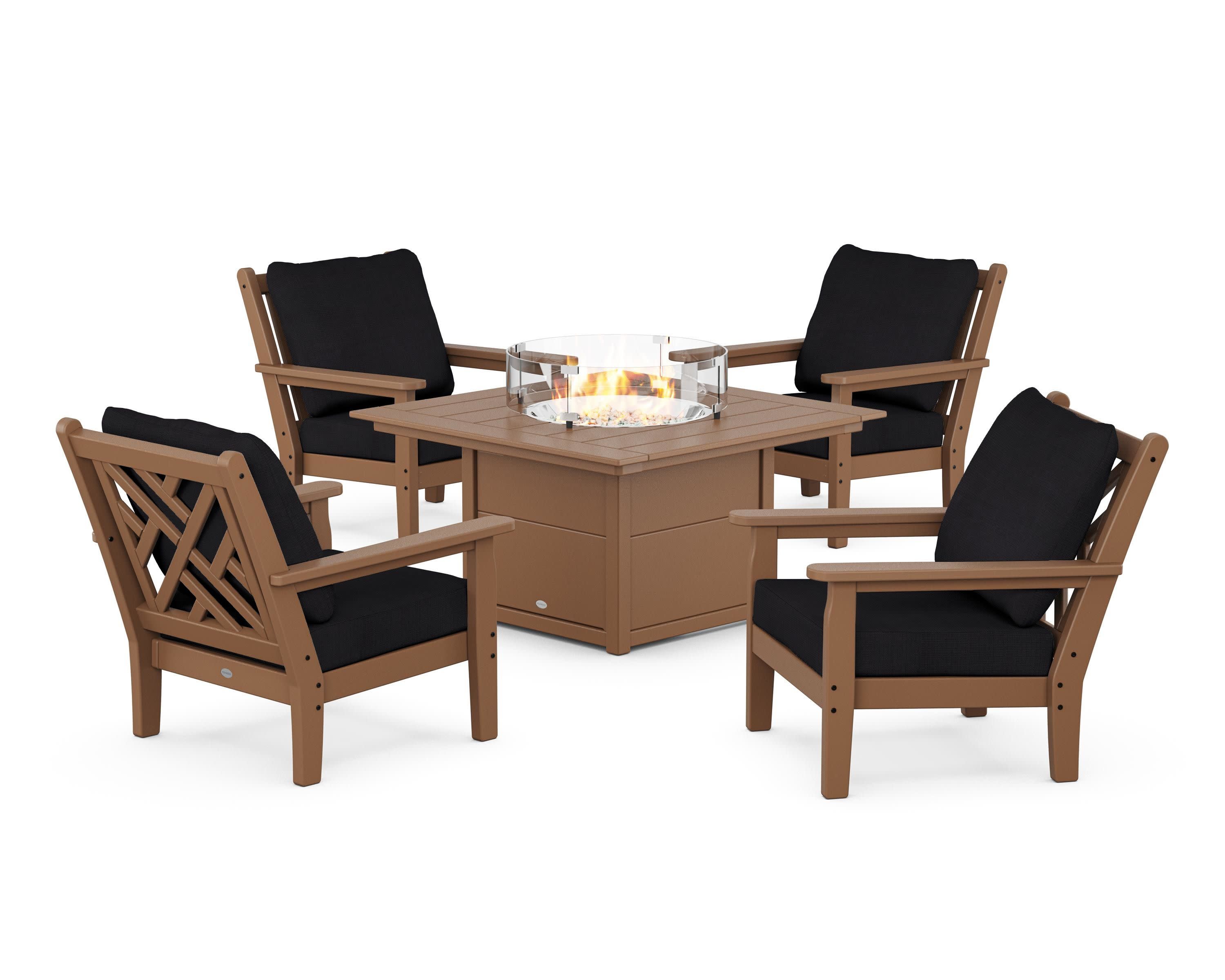 Chippendale 5-Piece Deep Seating Set with Fire Pit Table in Teak / Midnight Linen