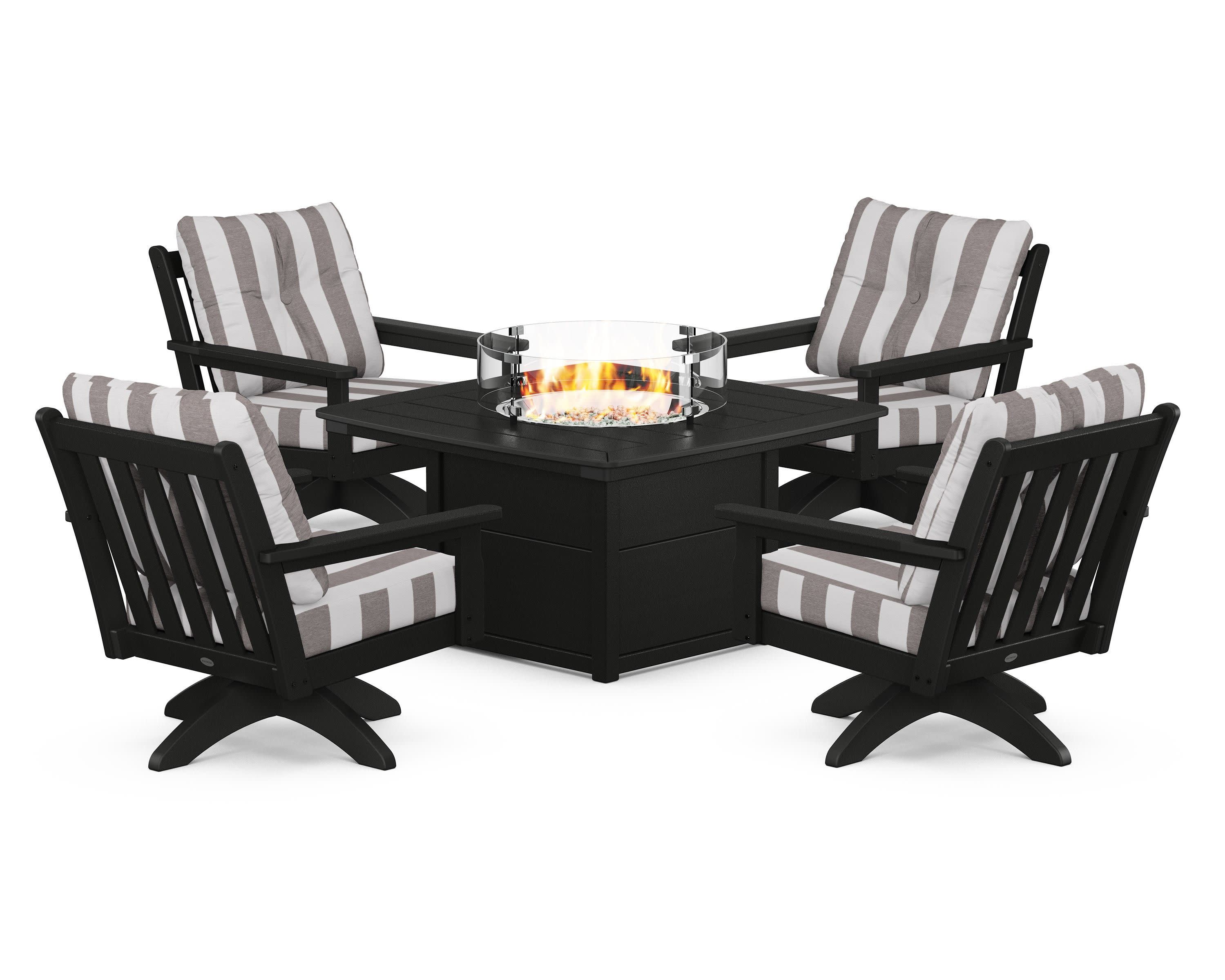 Vineyard 5-Piece Deep Seating Swivel Conversation Set with Fire Pit Table in Black / Cabana Stripe Grey Mist
