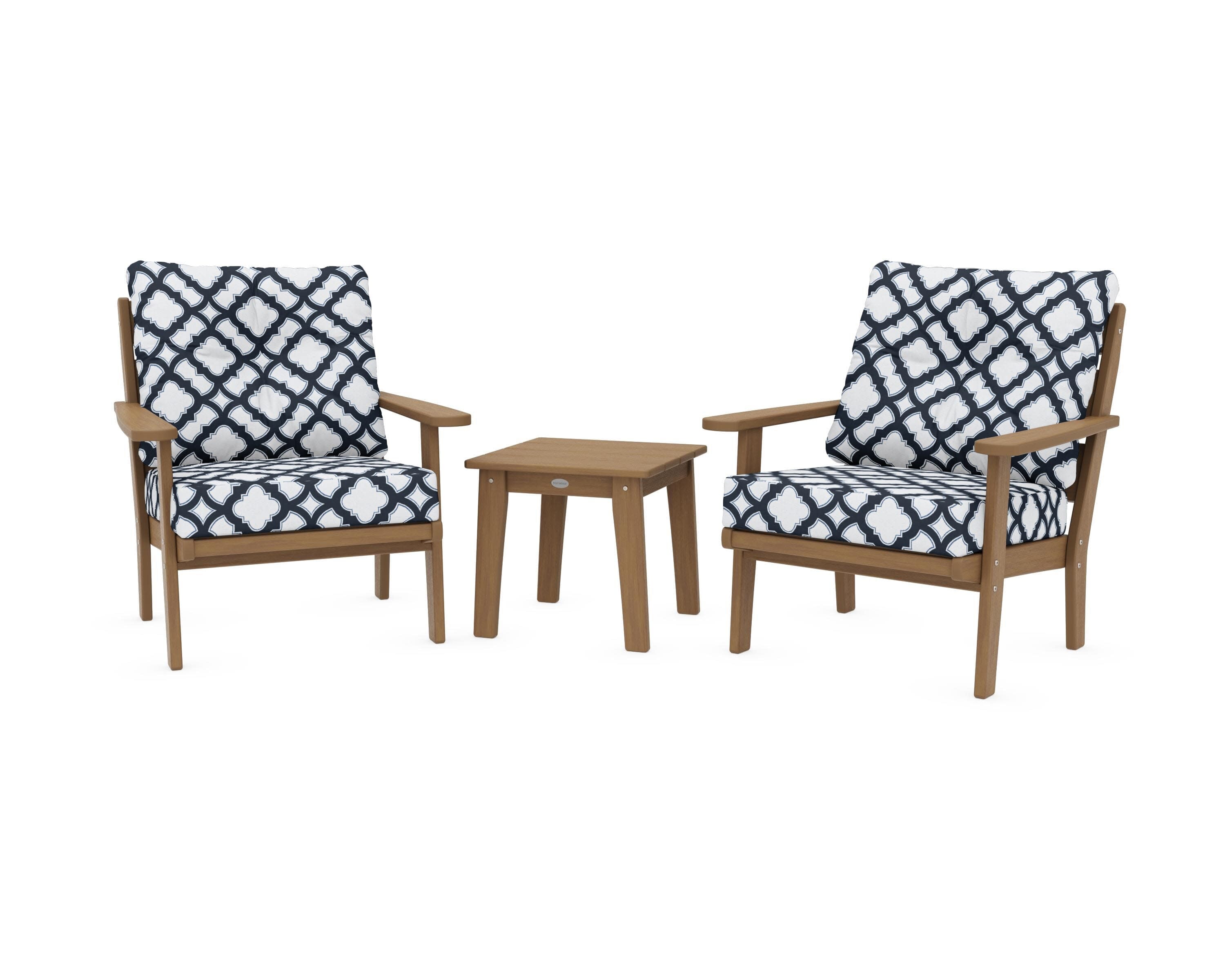 Lakeside 3-Piece Deep Seating Chair Set in Natural / Trellis Marine Indigo