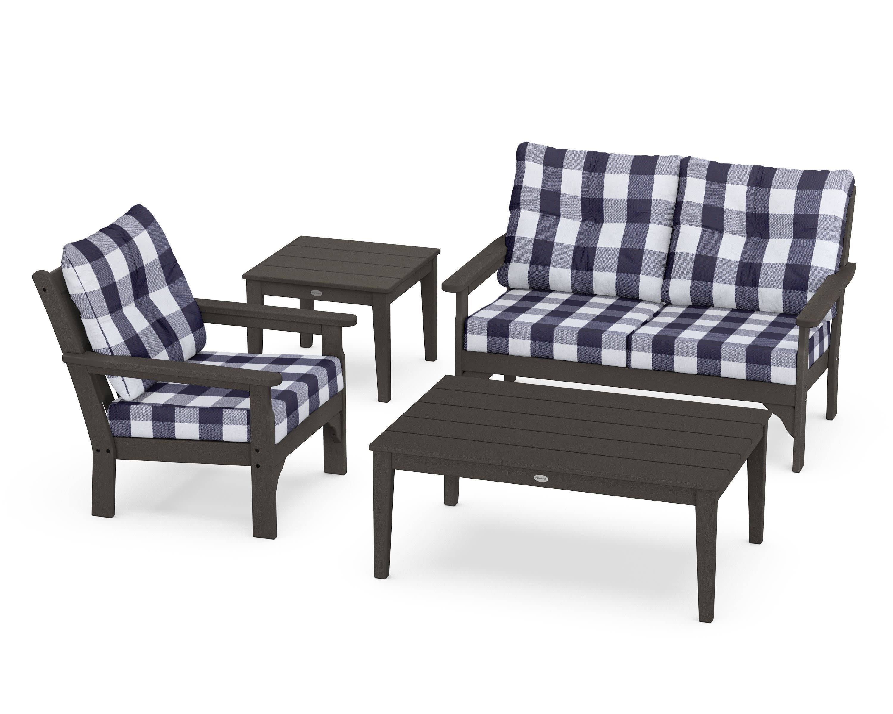Vineyard 4-Piece Deep Seating Set in Vintage Coffee / Buffalo Plaid Navy