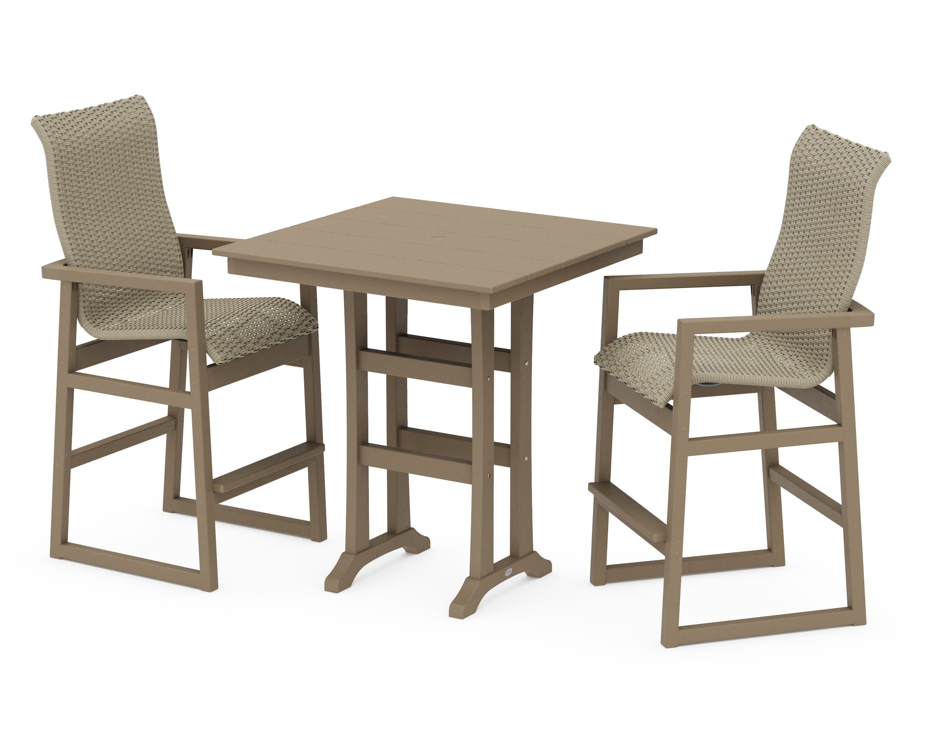 EDGE Woven Highback 3-Piece Farmhouse Bar Set with Trestle Legs in Vintage Sahara / Dune Grass