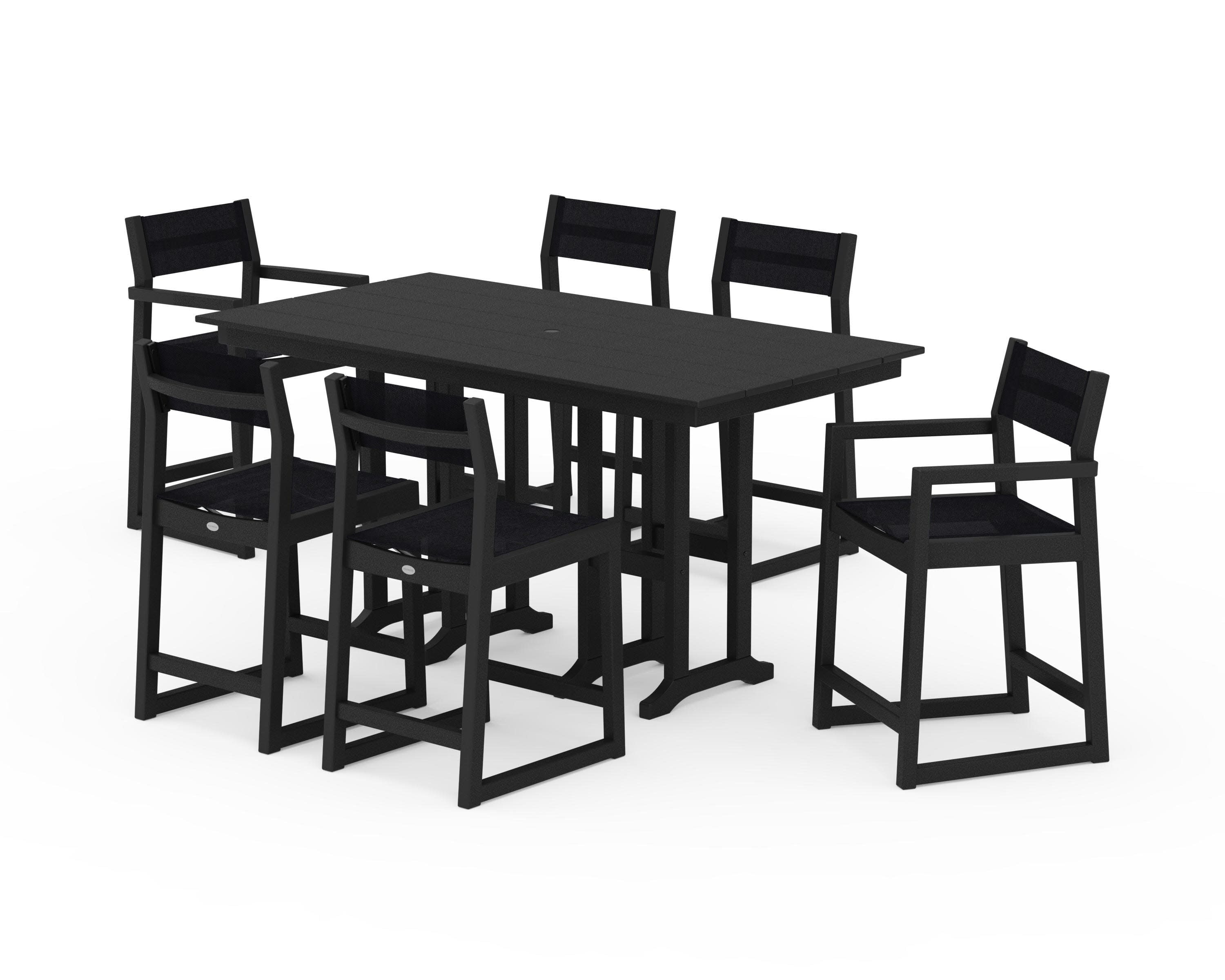 EDGE Sling 7-Piece Farmhouse Counter Set with Trestle Legs in Black / Black Sling