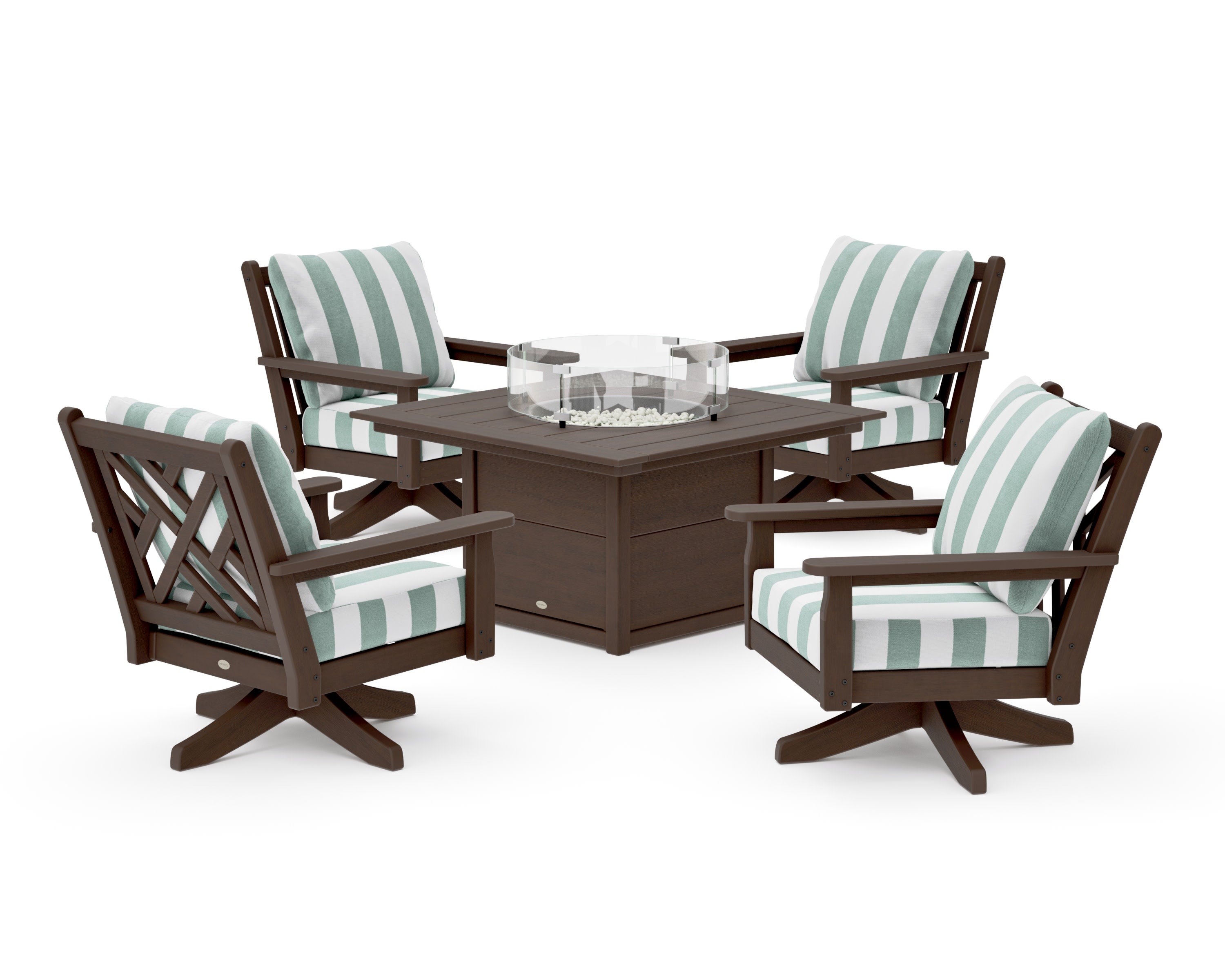 Chippendale 5-Piece Deep Seating Swivel Conversation Set with Fire Pit Table in Kona / Cabana Stripe Glacier Spa
