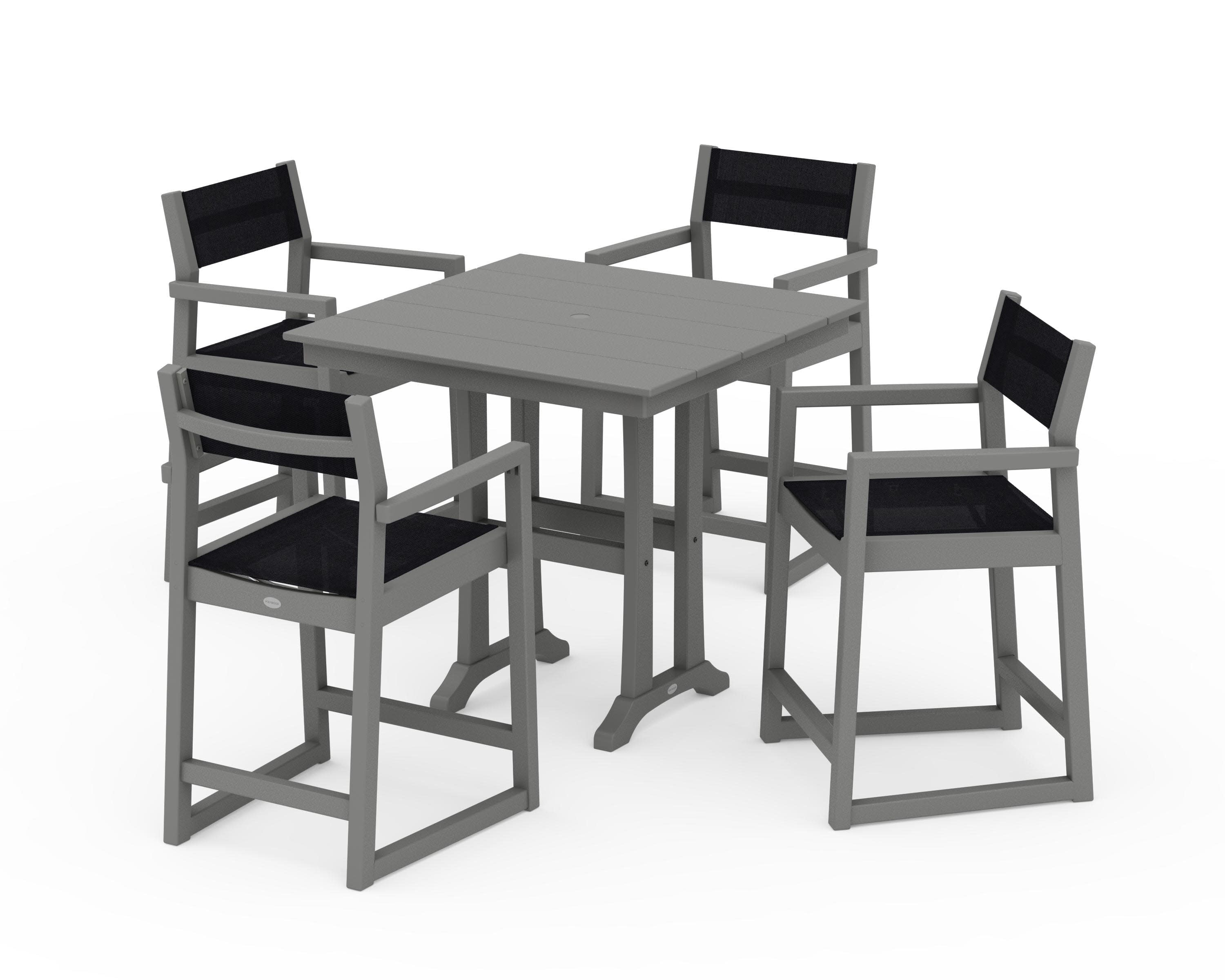 EDGE Sling Arm Chair 5-Piece Farmhouse Counter Set with Trestle Legs in Slate Grey / Black Sling