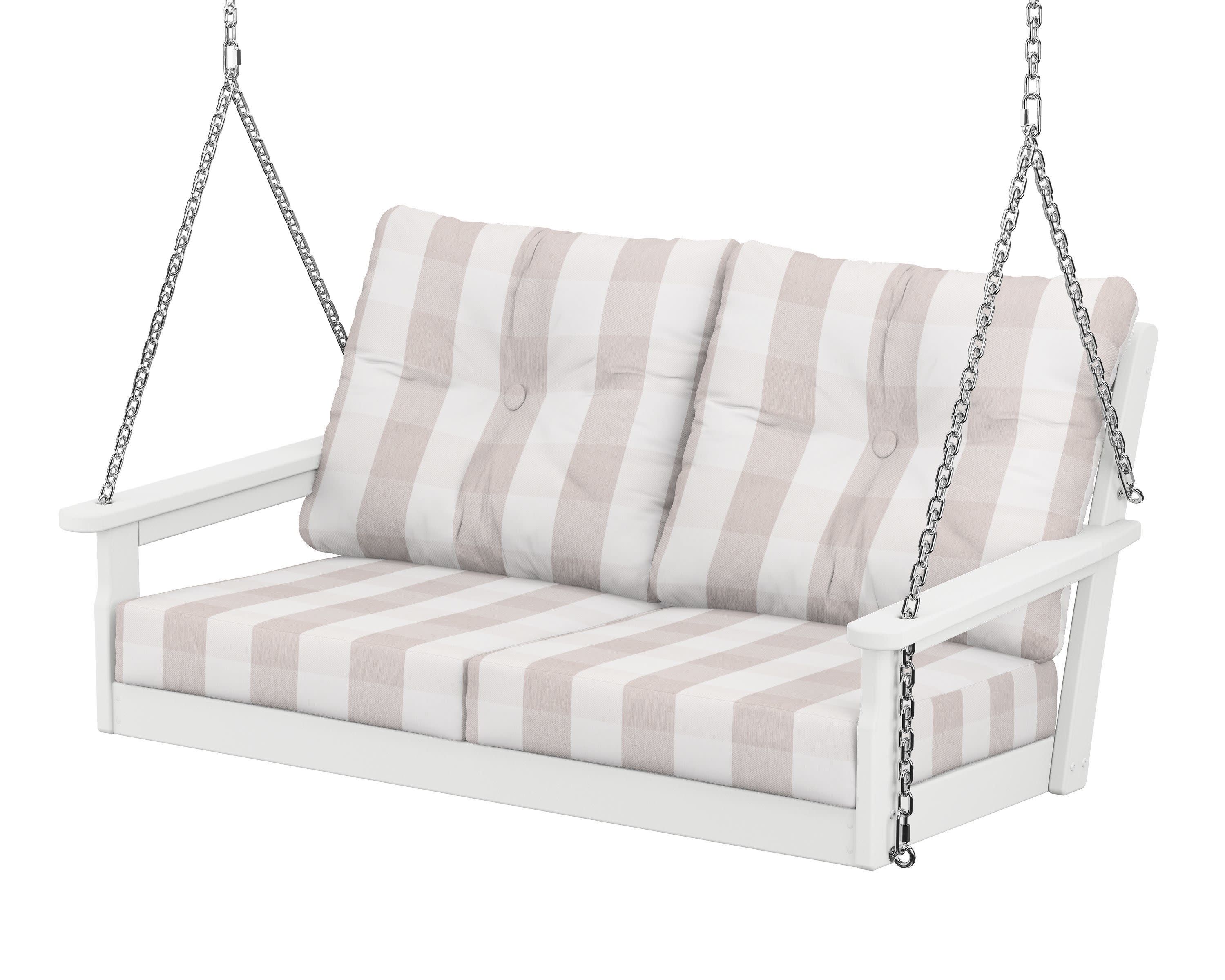 Vineyard Deep Seating Swing in White / Buffalo Plaid Dune Burlap