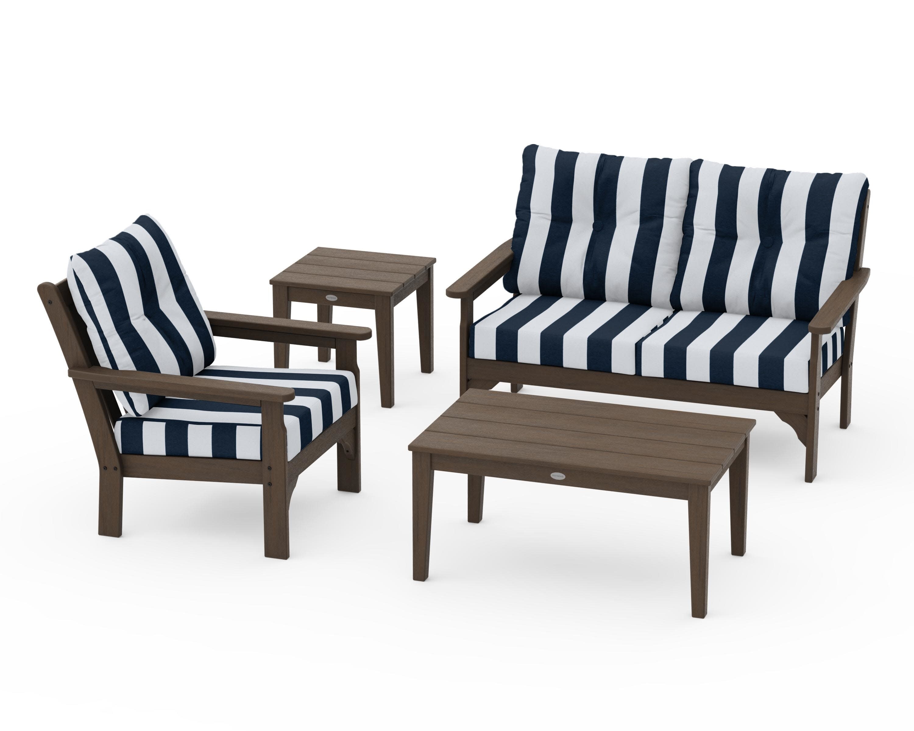 Vineyard 4-Piece Deep Seating Set in Kona / Cabana Stripe Marine Indigo