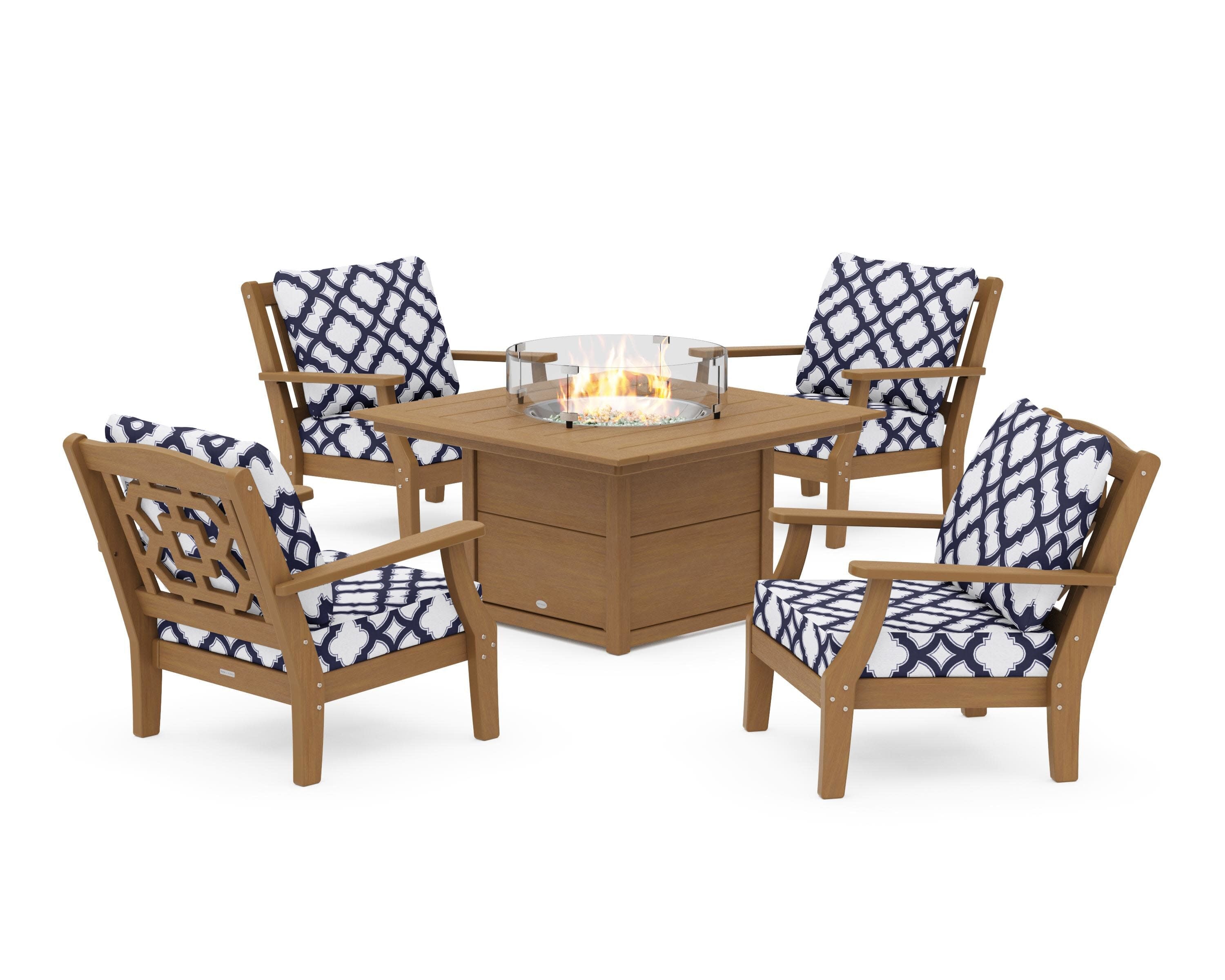 Chinoiserie 5-Piece Deep Seating Set with Fire Pit Table in Natural / Trellis Navy