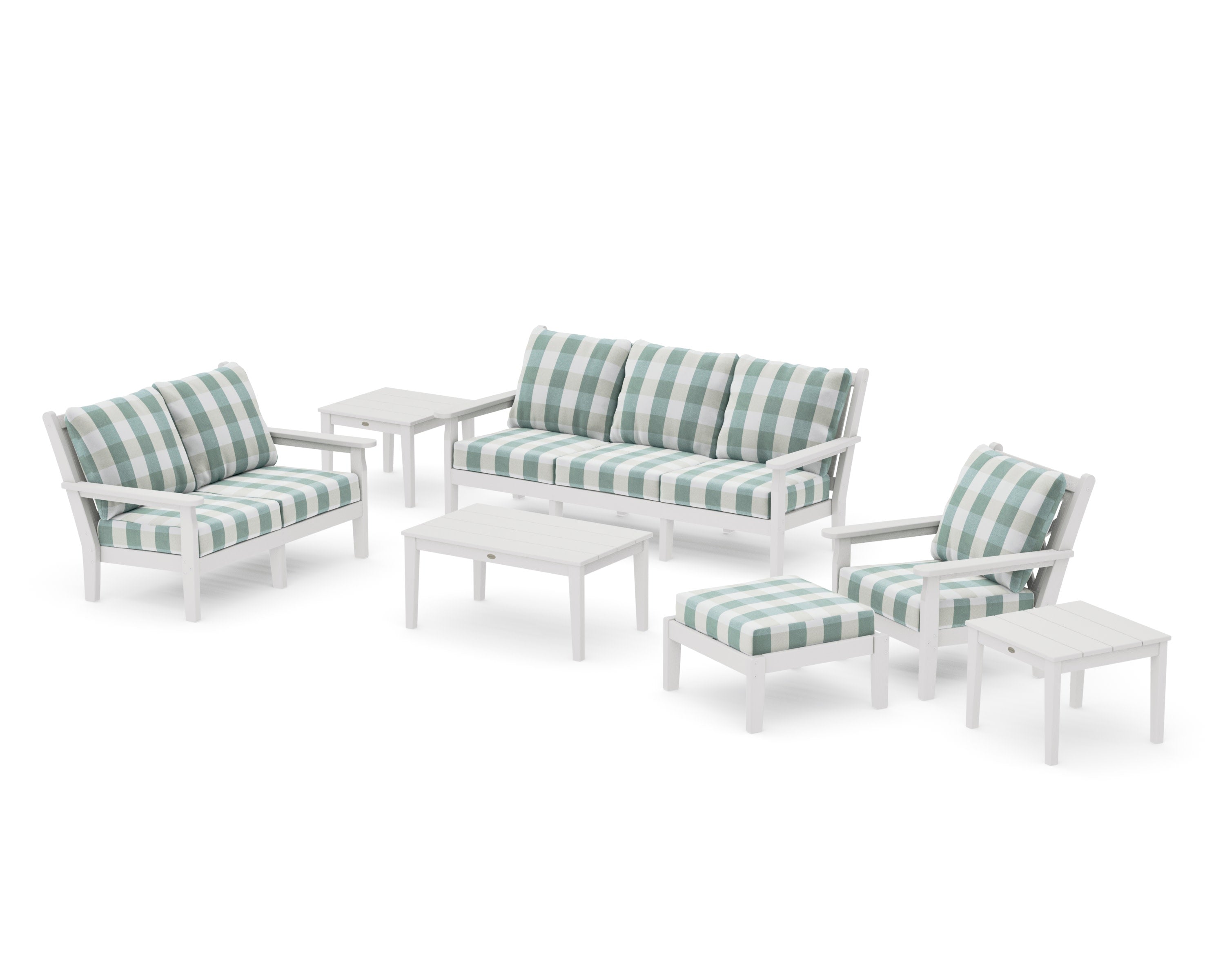 Chippendale 7-Piece Deep Seating Set in Vintage White / Buffalo Plaid Glacier Spa