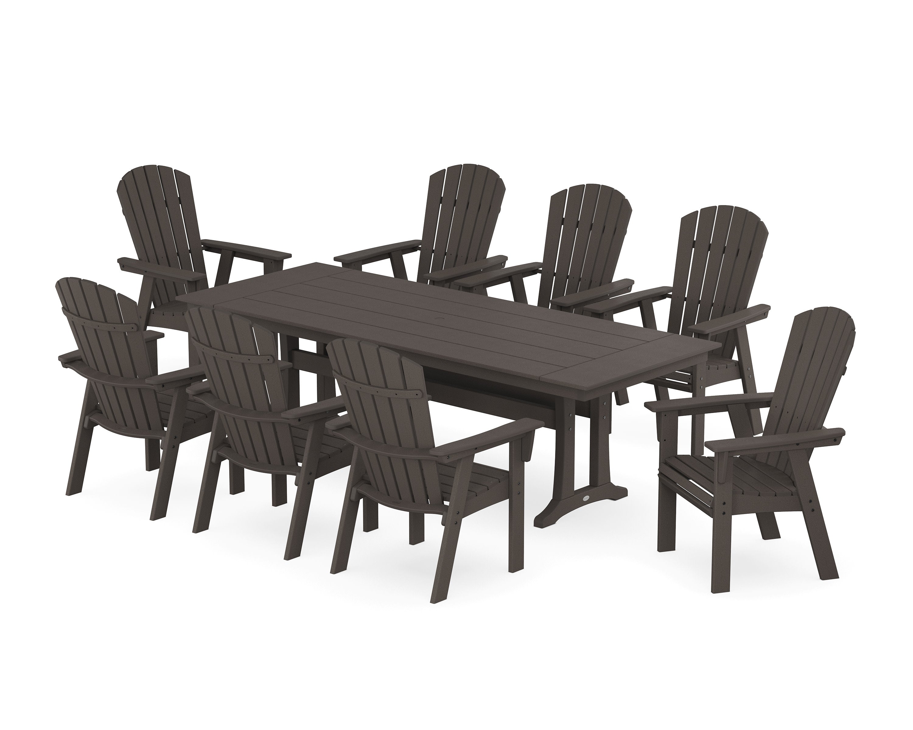 Nautical 9-Piece Curveback Adirondack Farmhouse Dining Set with Trestle Legs in Vintage Coffee
